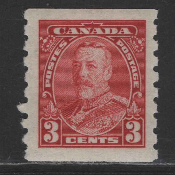Lot 155 Canada SC#230 3c Bright Carmine Red King George V, 1935 KGV Pictorial Coil Issue, A VFNH Coil Single, Horizontal Wove Paper, Semi Glossy Deep Cream Gum