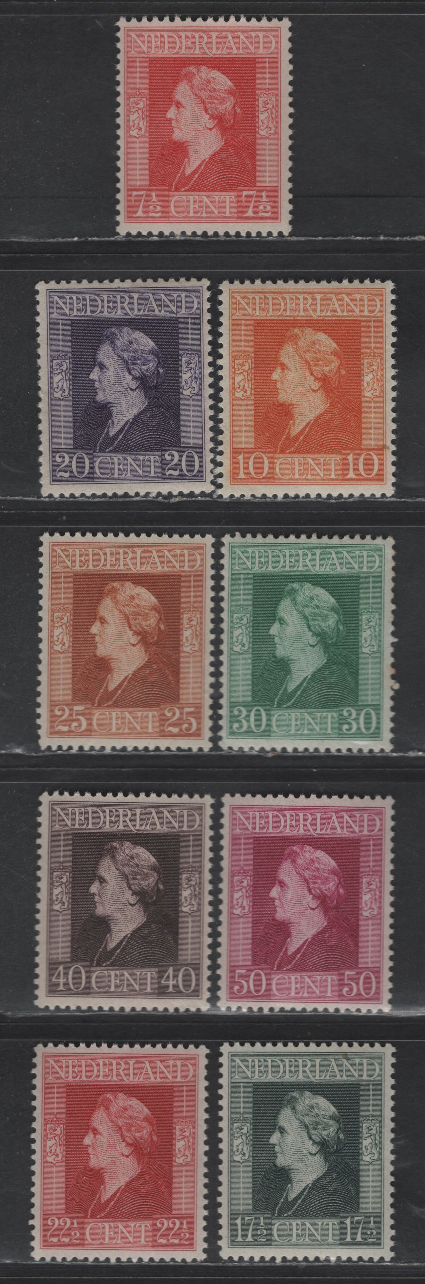 Lot 261 Netherlands SC#266-267, 270-276 7.5c - 50c Vermillion - Red Violet Queen Wilhelmina, 1944-1946 Bradbury-Wilkinson Pictorial Issue, 9 VFNH Singles