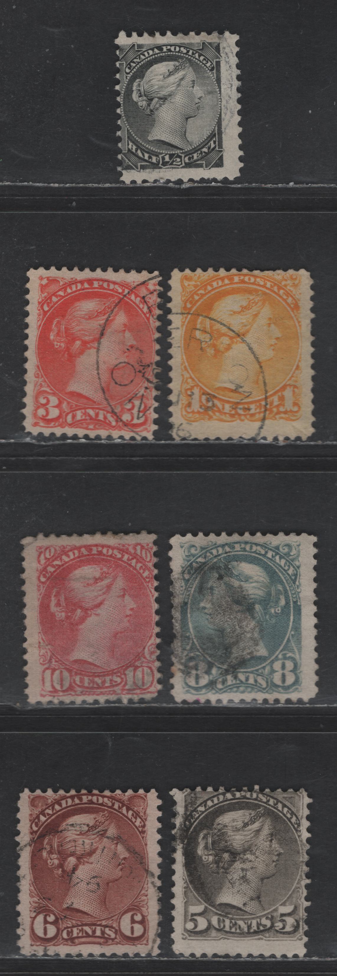 Lot 55 Canada SC#34i, 35, 41-43, 44a, 45a 1/2c - 10c Gray Black - Salmon Rose Queen Victoria, 1870-1897 Small Queen Issues, 7 Very Good/Fine Used Singles, Second Ottawa Printings, Various Papers, Perfs 12, 12.1 & 12x12.2