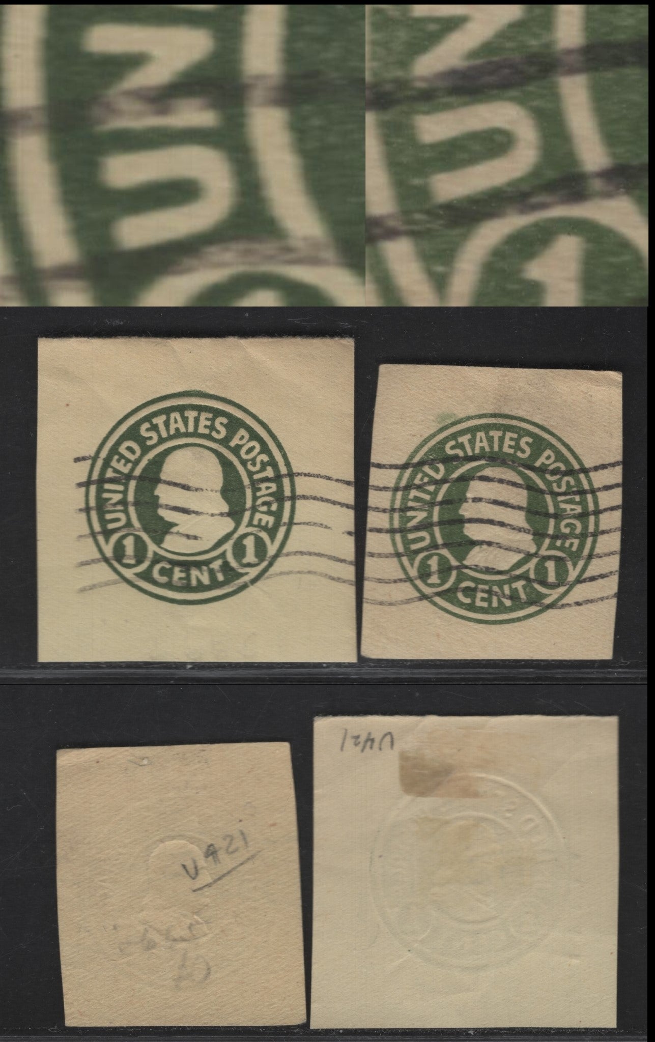 Lot 101 United States SC#U421-a 1c Gray Green Franklin, 1915-1932 Heads Issue, Fine/Very Fine Used Singles, Amber Dies 1 & 2, Showing Normal 'U' and Large 'U' in United