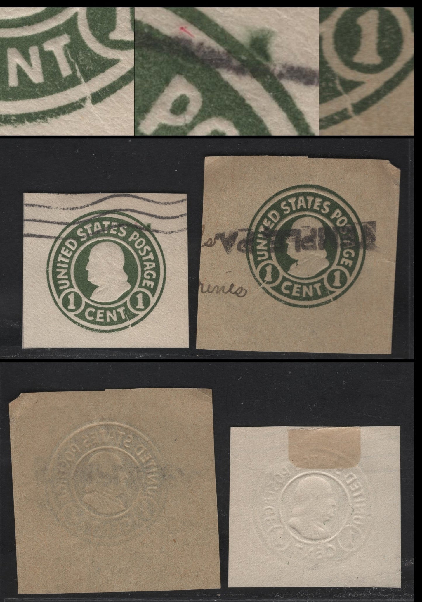 Lot 103 United States SC#U420-U421 1c Gray - Bronze Green Franklin, 1915-1932 Heads Issue, Fine/Very Fine Used Singles, Die 1, White & Manilla, Cracks Through & To The Right of T of Cent, Burr Above PO
