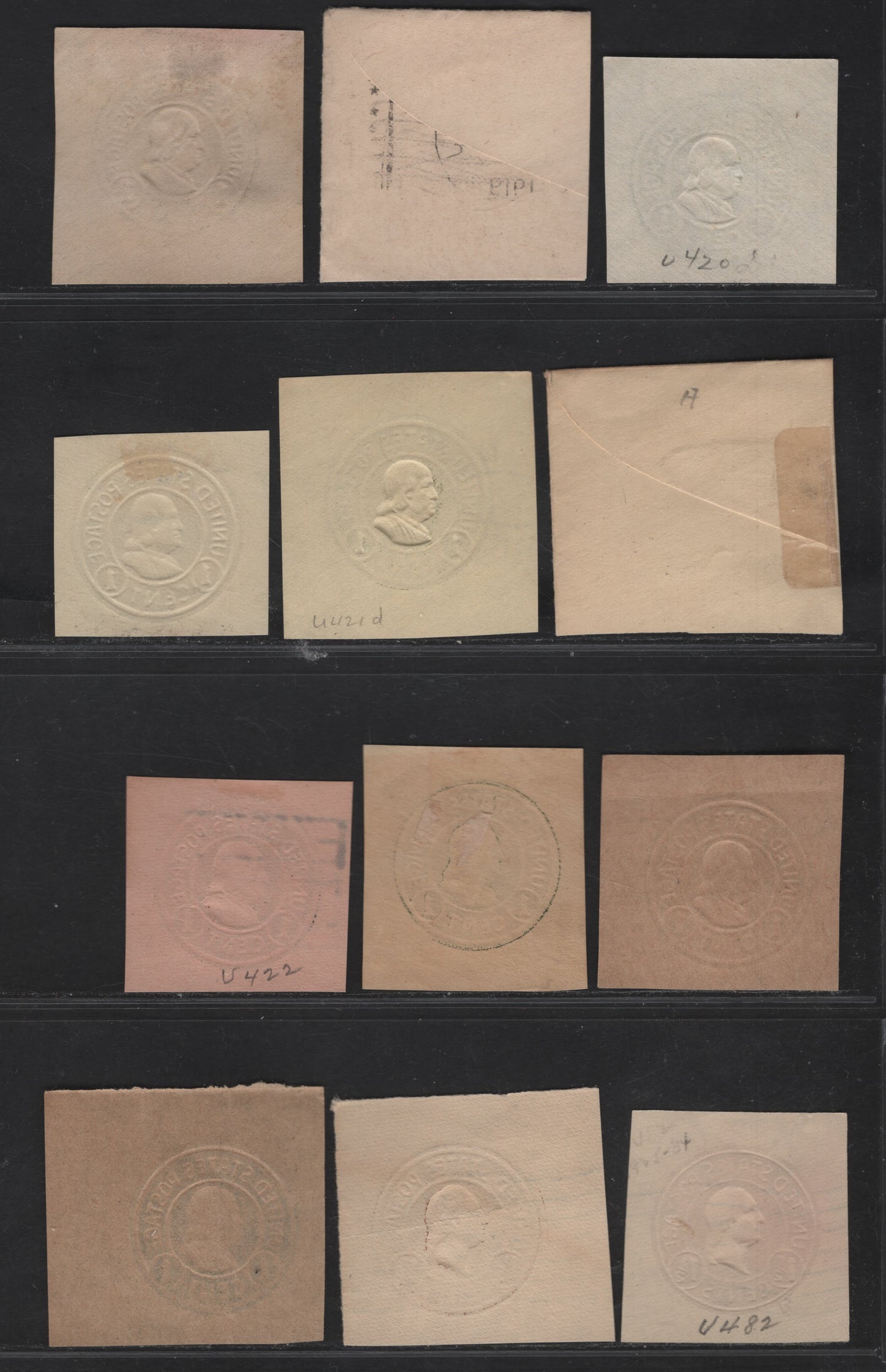 United States SC#U420, U421,b,d, U422, U4242, U428, U425, U481a, U484 1c - 1.5c Green - Brown Franklin, 1915-1934 Heads Issue, Fine/Very Fine Used Singles, Various Papers & Dies