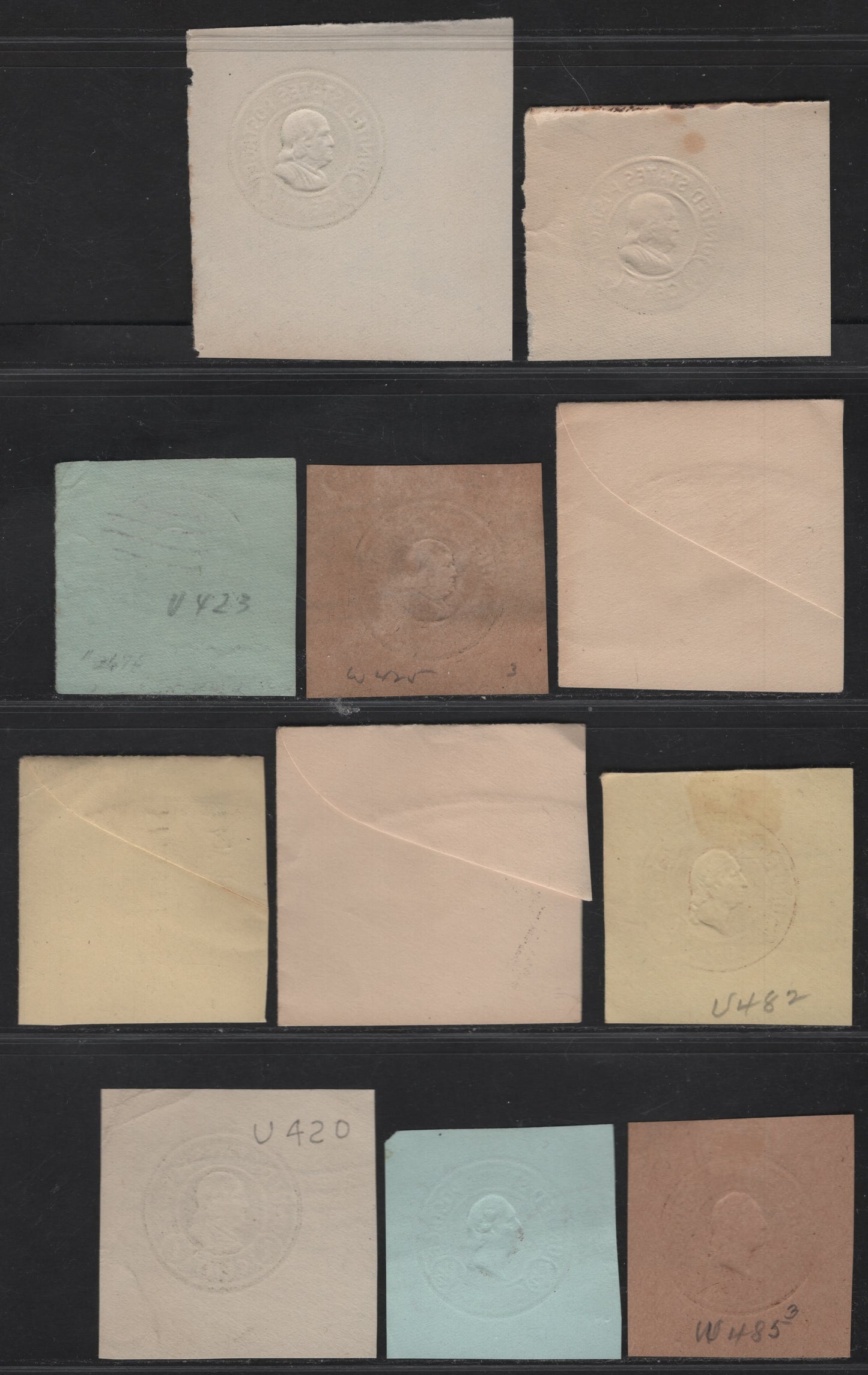 Lot 105 United States SC#U420-U421, U423, W425, U481-U483, W485 1c - 1.5c Green - Brown Franklin, 1915-1934 Heads Issue, Very Fine Used Singles, Various Papers & Dies