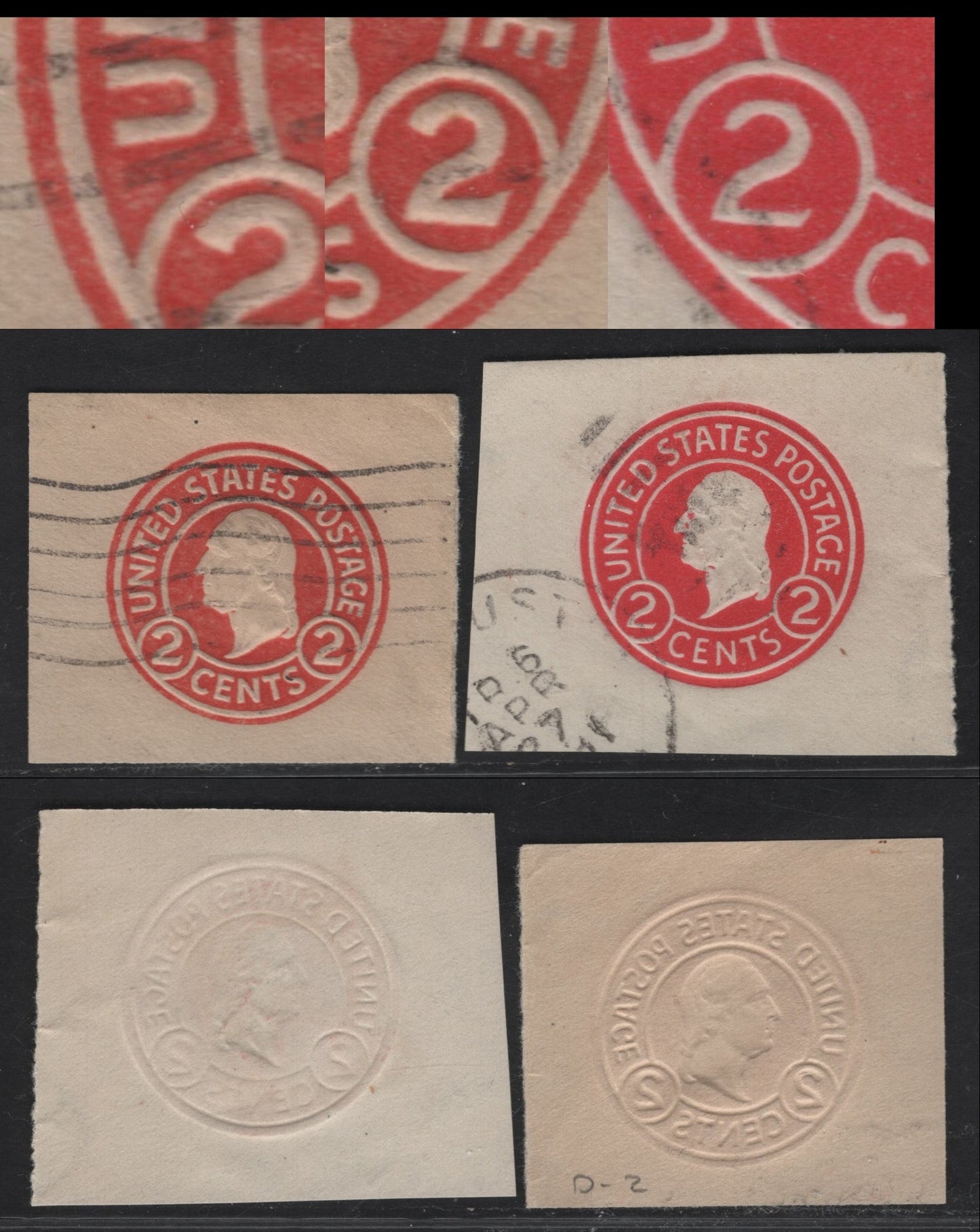 Lot 110 United States SC#U429a-b 2c Carmine & Carmine Rose Washington, 1915-1932 Heads Issue, Very Fine Used Singles, Die 2 & Die 3 On White, U Far From Left Circle & Thin Circles