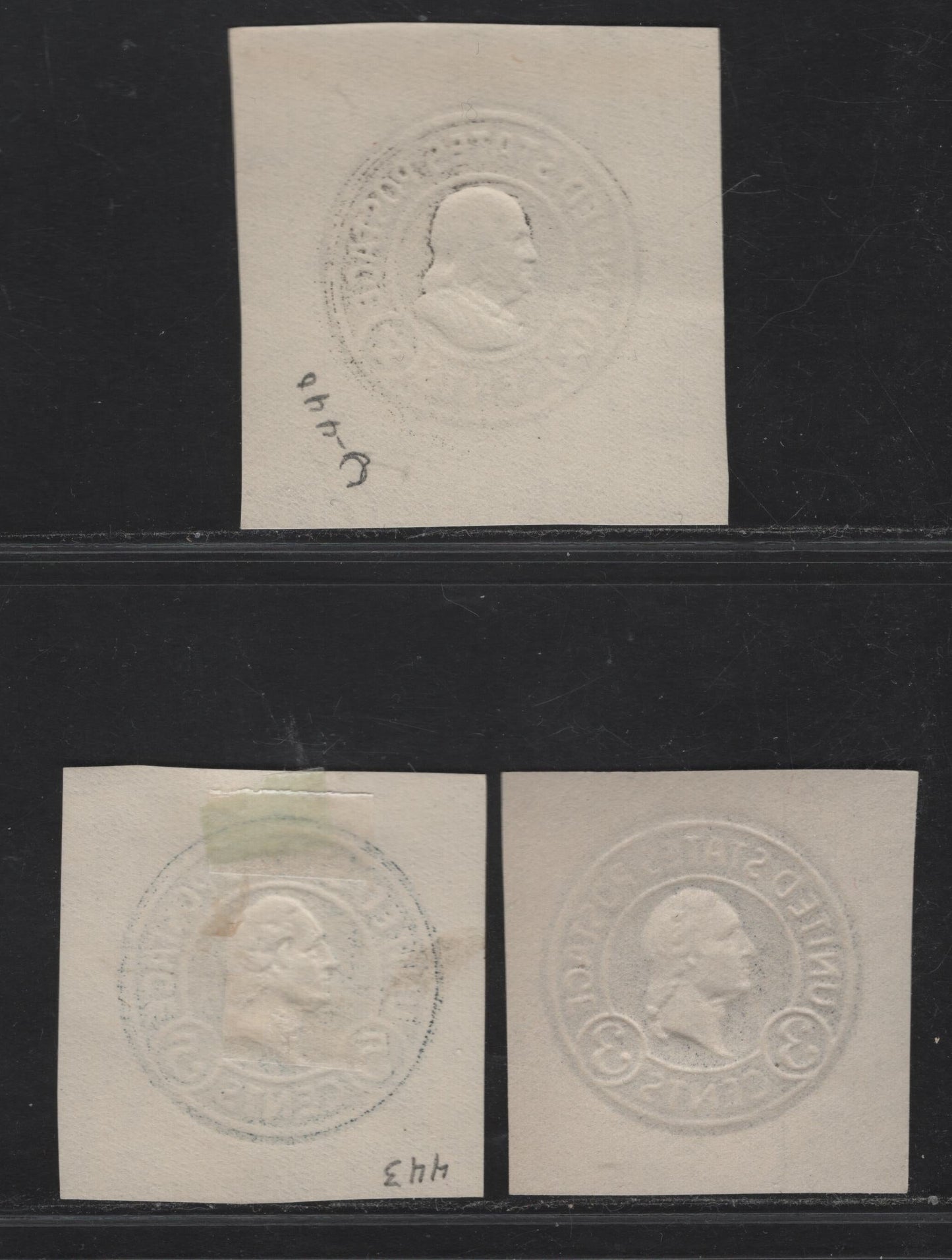 Lot 117 United States SC#U440, U443, U436d 4c - 5c Black -Dark Blue Washington, 1915-1932 Heads Issue, Very Fine Unused Singles, 4c Black & 5c Dark Blue On White, Dark Violet Die 7 On White
