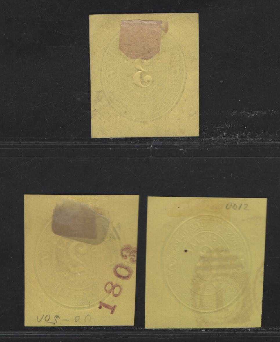 Lot 130 United States SC#U02, U07, U012 6c Black Official, 1873-1879 Official Issues, Very Fine Used Singles, Lemon Paper, 3 Is 9mm High, 2 is 9.25mm High, 6 is 10.5mm High