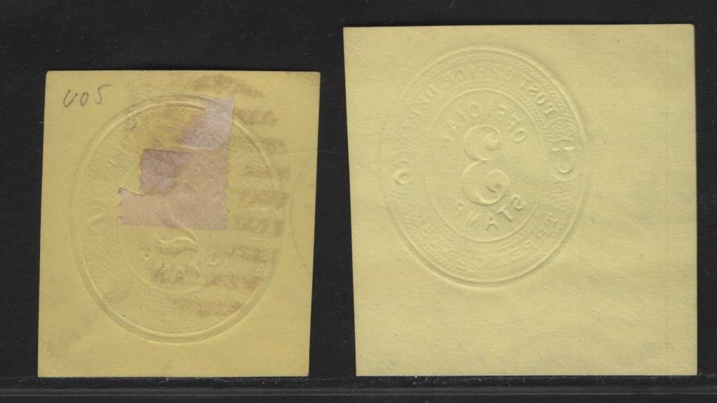 Lot 131 United States SC#U05, U07 3c Black Official, 1874-1879 Official Issues, Very Fine Used Singles, Lemon Paper, 9.25mm Tall Numerals