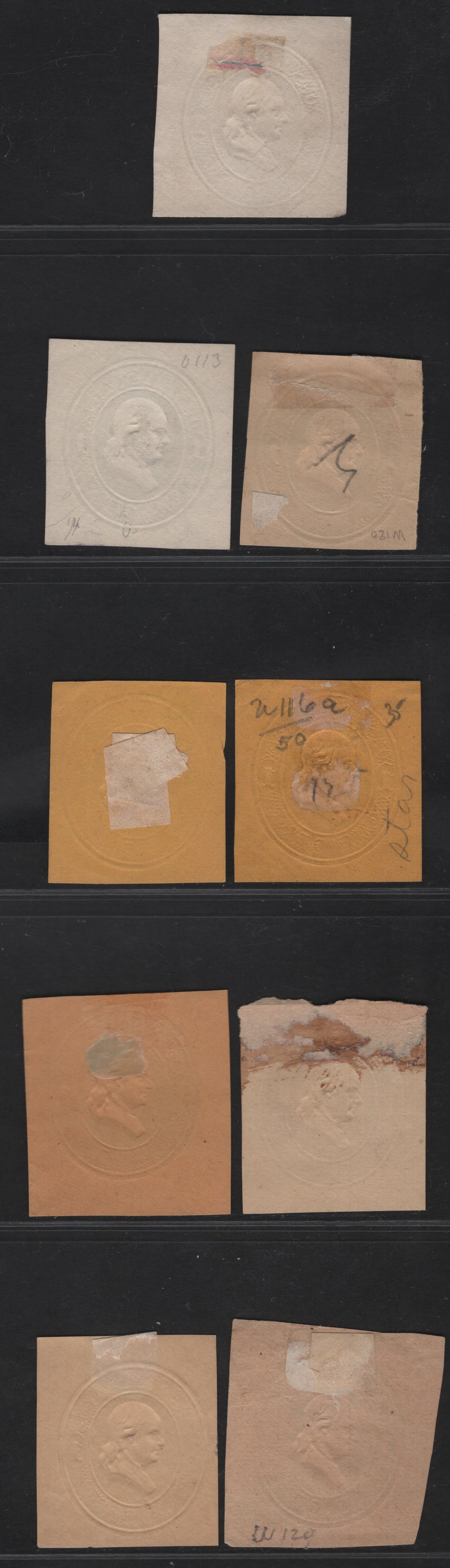 Lot 25 United States SC#U113-U116A, U118-U119, W120 1c Blue & Dark Blue Washington, 1874-1886 Seventh Nesbitt Issue, 8 Fine Used Singles, White, Cream, Orange, Fawn & Manilla Papers, Wrapper On Manilla
