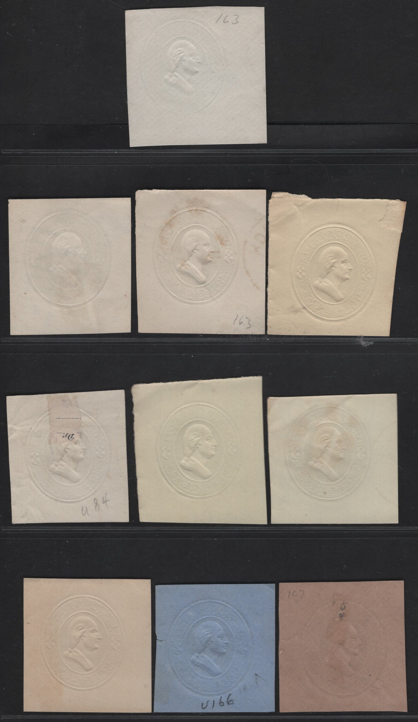 United States SC#U163-U167 3c Green Franklin, 1874-1886 Plimpton Issue, 12 Very Fine Used Singles, White, Amber, Cream, Blue & Fawn Papers, Thicker 3's With 4 Shades Of Green, 3 Shades Of The Amber