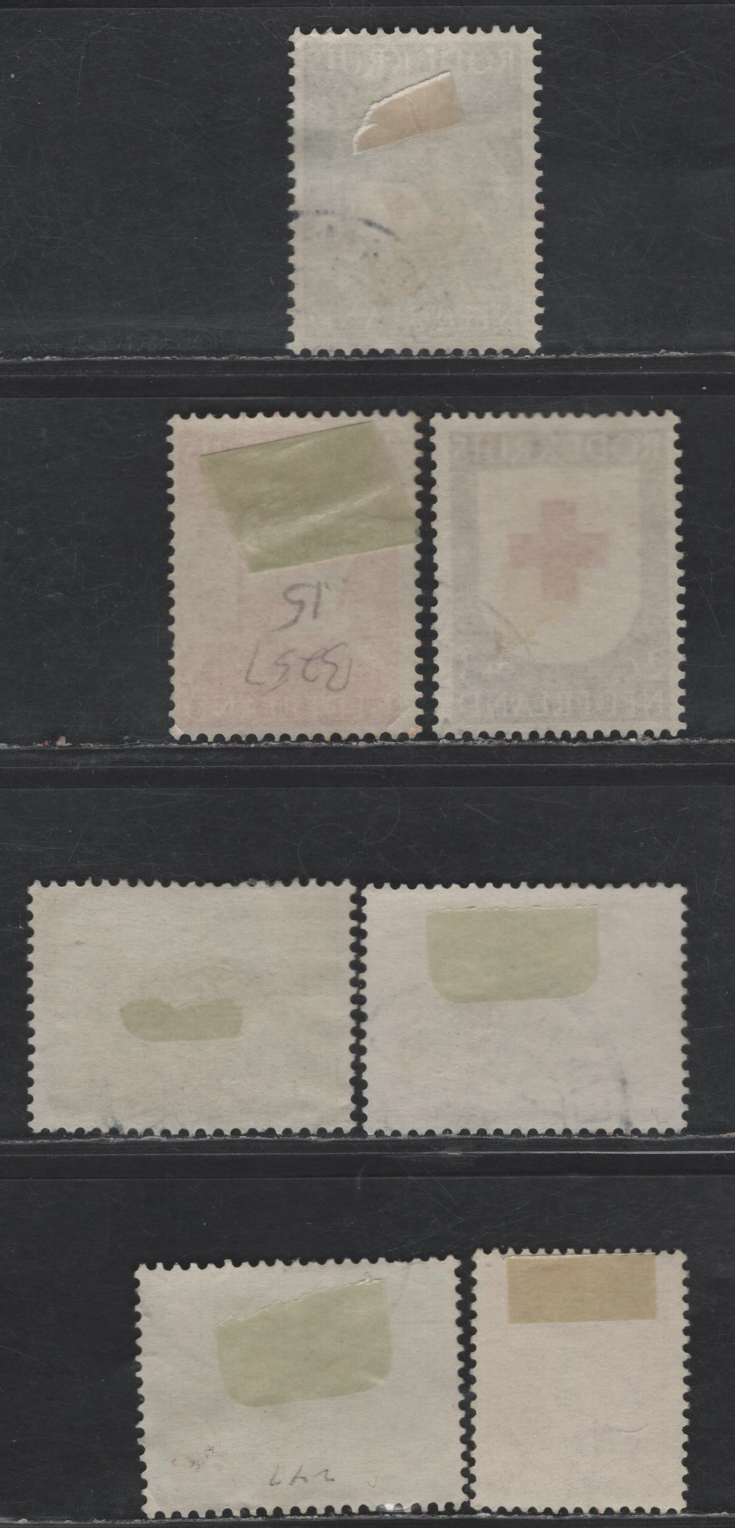 Netherlands SC#B243, B246-B248, B254, B256-B257 2c+3c - 10c+5c Olive - Red Girl & Dog - Nurse Giving Blood Transfusion, 1952-1953 Semi Postal Issues, 7 Very Fine Used Singles