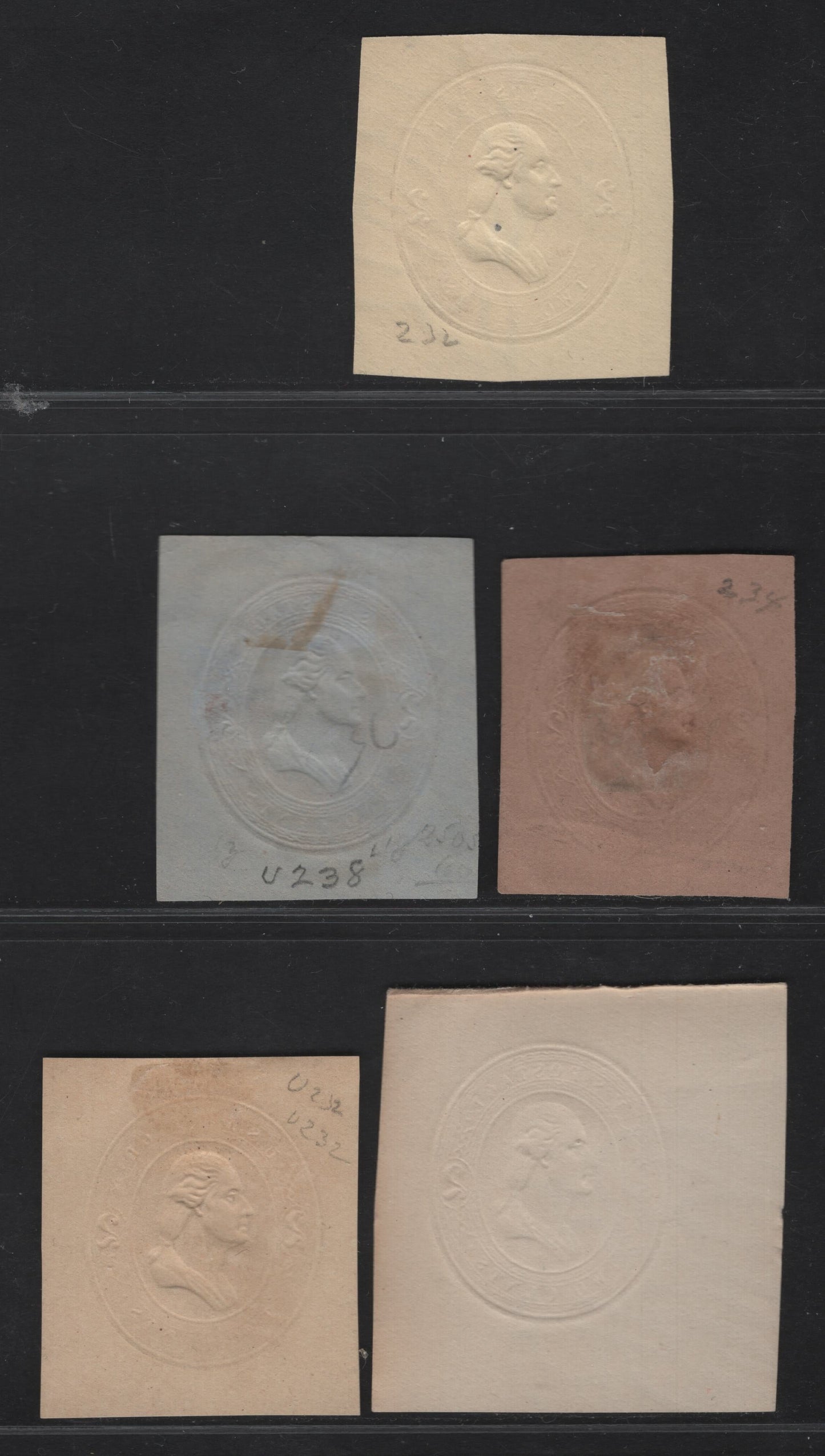 United States SC#U231-U234, W235 2c Red Washington, 1883-1886 Washington Issue, 5 Fine/Very Fine Used Singles, White, Amber, Blue, Fawn & Manilla Wrapper, Four Wavy Lines In Oval