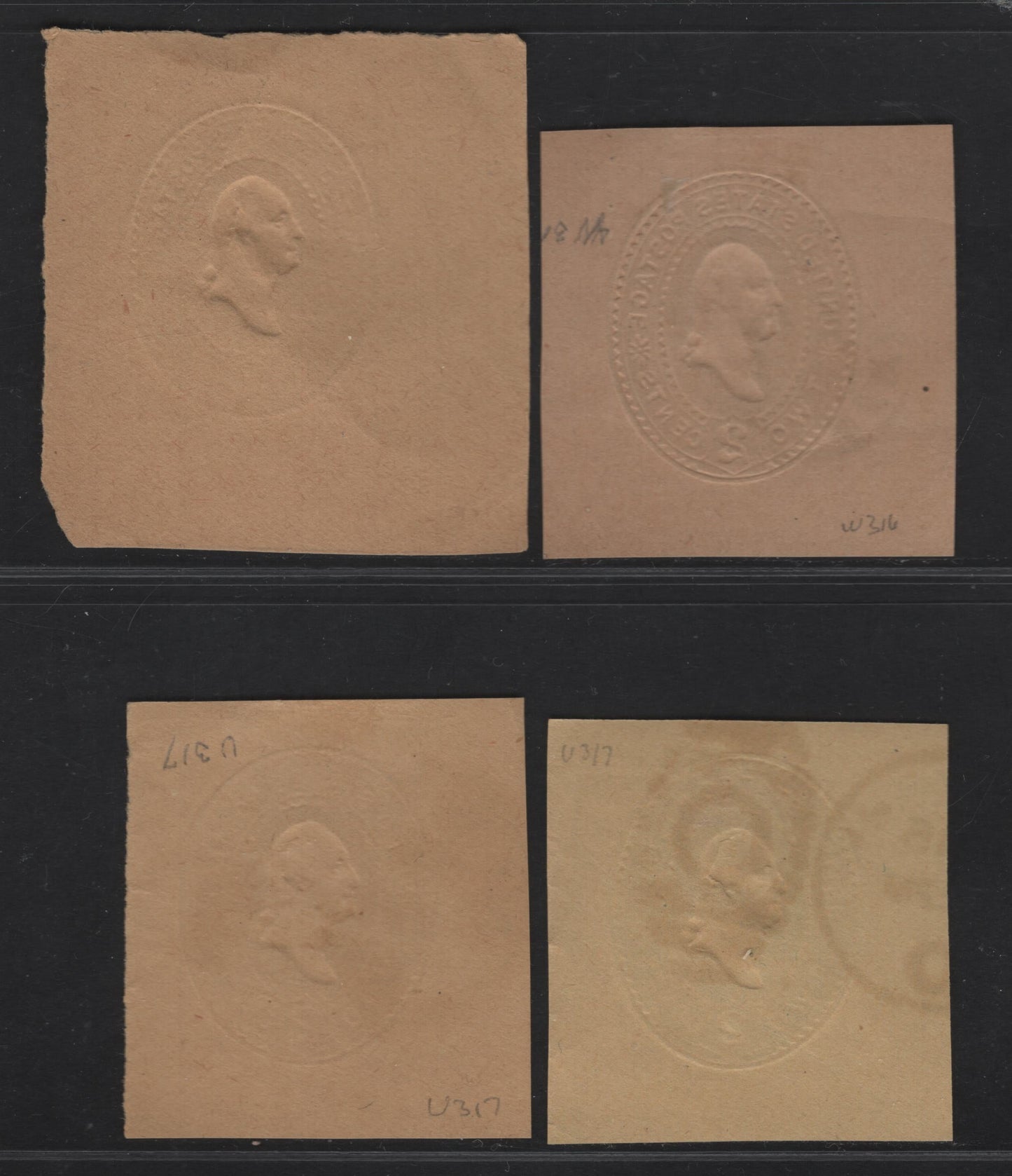 Lot 56 United States SC#W316, U317 2c Green Washington, 1887-1894 Heads Issue, 4 Very Fine Used Singles, Wrapper On Manilla & Envelope on Amber Manilla