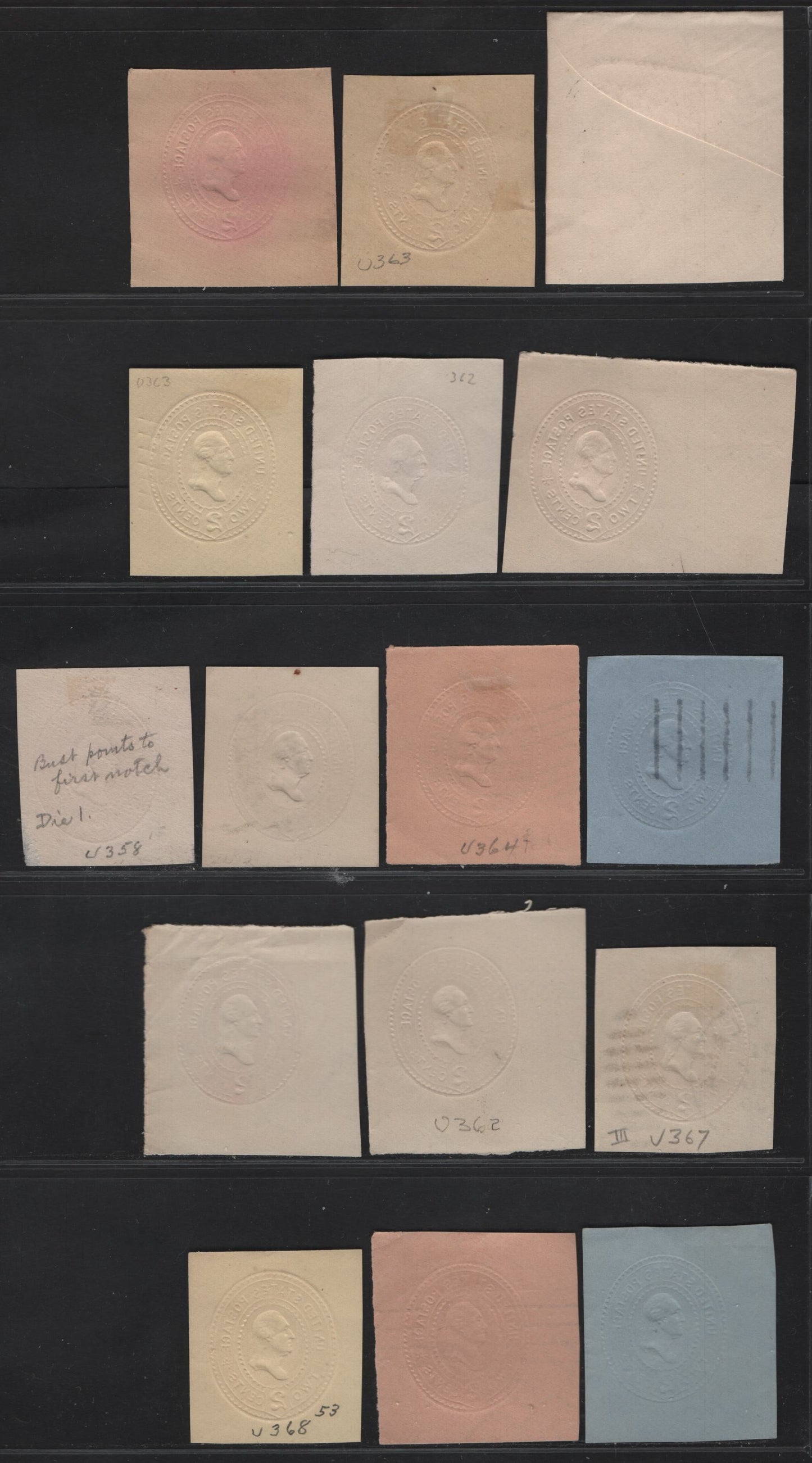 United States SC#U358, U362-U363, W366, U364-U365, U367-U370 2c Carmine & Rose Washington, 1899 Heads Issue, 16 Fine/Very Fine Used Singles, Dies 1-3, White, Manilla, Amber, White, Oriental Buff & Blue