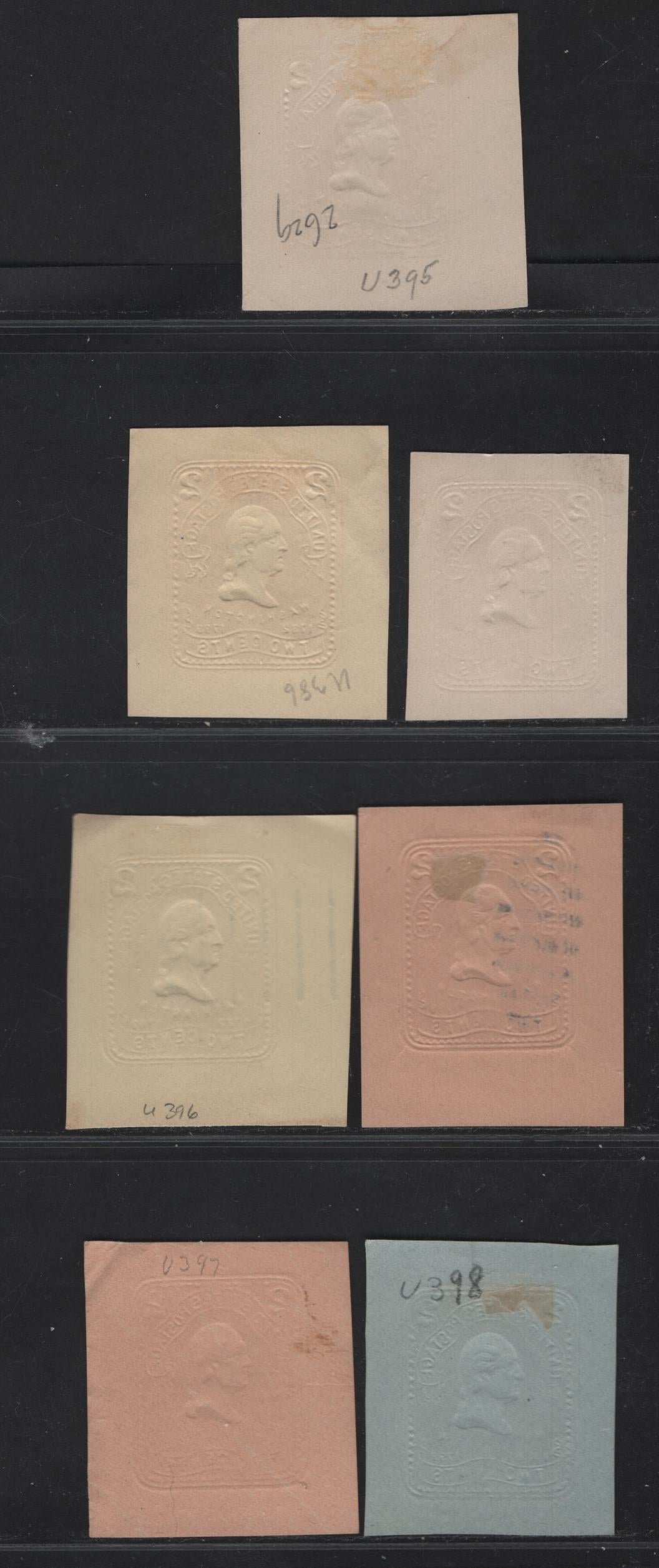 United States SC#U395-a, U396-a, U397-a, U398 2c Carmine - Pink Franklin, 1904 Heads Issue, 7 Fine/Very Fine Used Singles, White, Amber, Oriental Buff & Blue, Recut Die