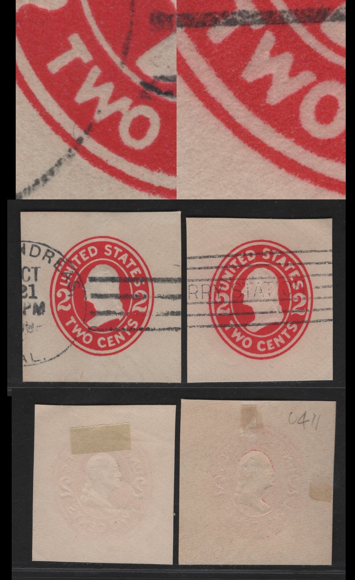 Lot 91 United States SC#U411avar 2c Carmine Franklin, 1907-1916 Heads Issue, 2 Very Fine Used Singles White laid Paper, WO of TWO Joined, Normal for Comparison
