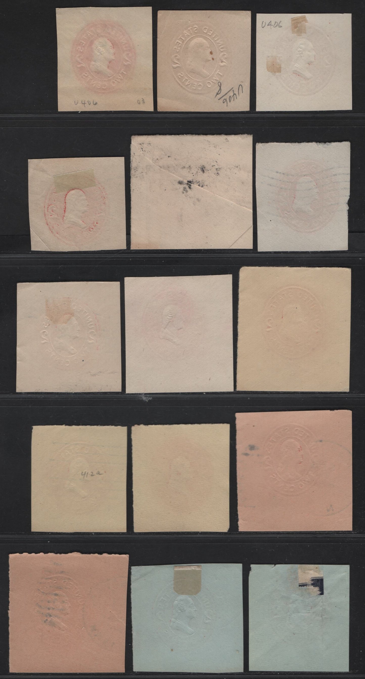 United States SC#U406-b, U411e, U411b,d, U412, U411c, U412a,d, U413-a, U414-a 2c Brown Red - Carmine Franklin, 1907-1916 Heads Issue, 15 Very Fine Used Singles, Various Papers & Dies