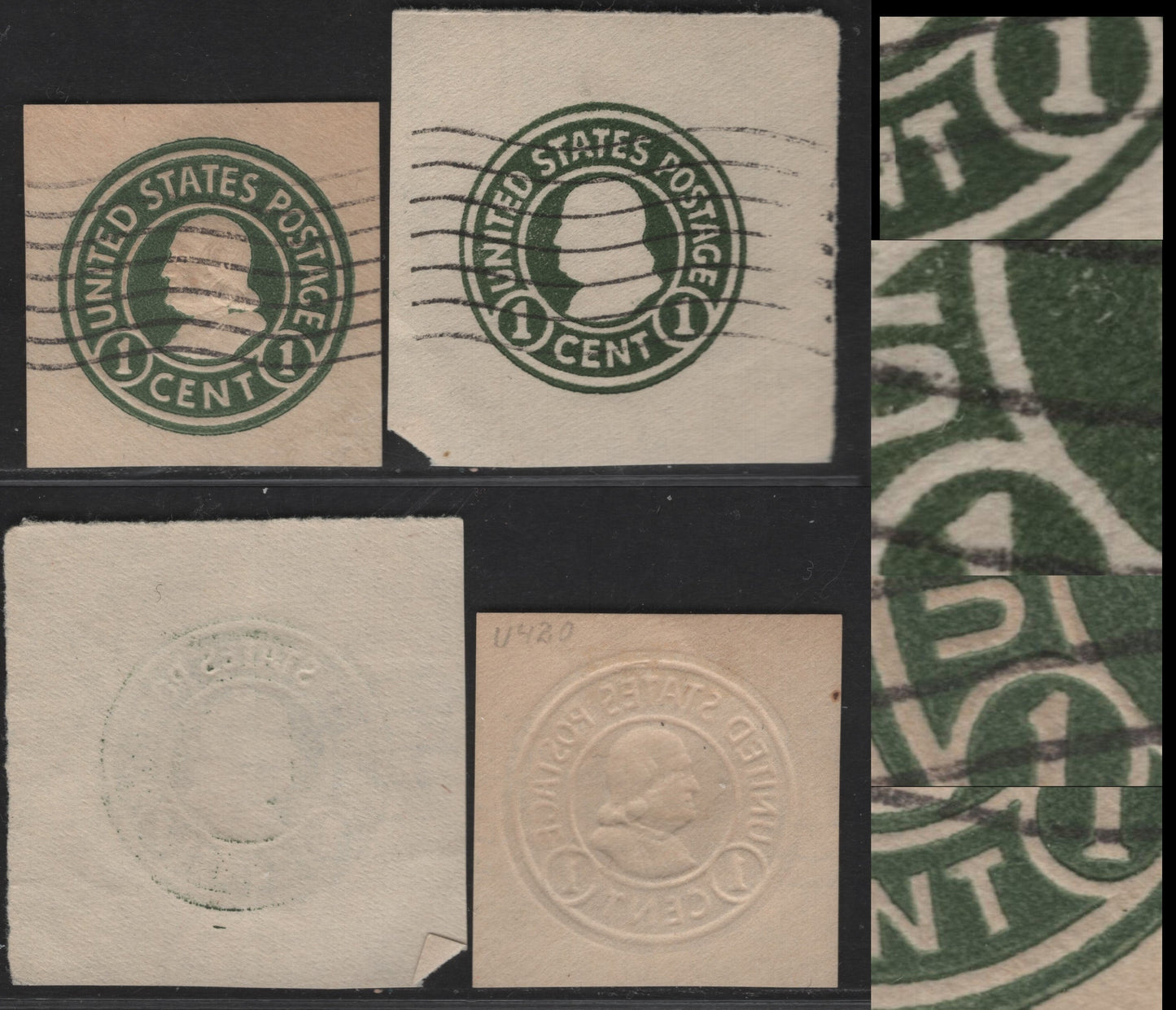 Lot 99 United States SC#U420a & U420 1c Green Franklin, 1915-1932 Heads Issue, Fine/Very Fine Used Singles, Dies 1&2, White Paper