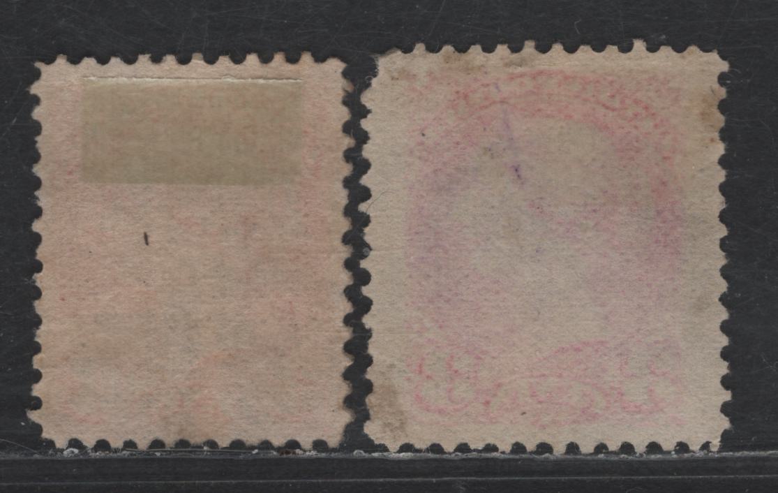 Lot 284 Canada #41var 3c Rosy Vermillion & Vermillion Queen Victoria, 1888-1897 Small Queen Issue, 2 Fine Used Singles, Papers 2O-N & 2O-R, Segmented Cork Cancels, Which Are Less Common During This Period, Perf 12.1x12 & 12x12