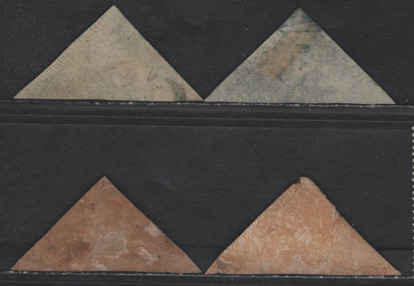 Lot 141 Cape Of Good Hope SG#6-8, 18 1d - 1/- Deep Carmine Red - Bright Yellow Green Reclining Hope, 1855-1864 Triangular Reclining Hope Issues, 4 Ungraded Singles, White Paper, Perkins Bacon & De la Rue Printings, All With No Margins Or Small Faults