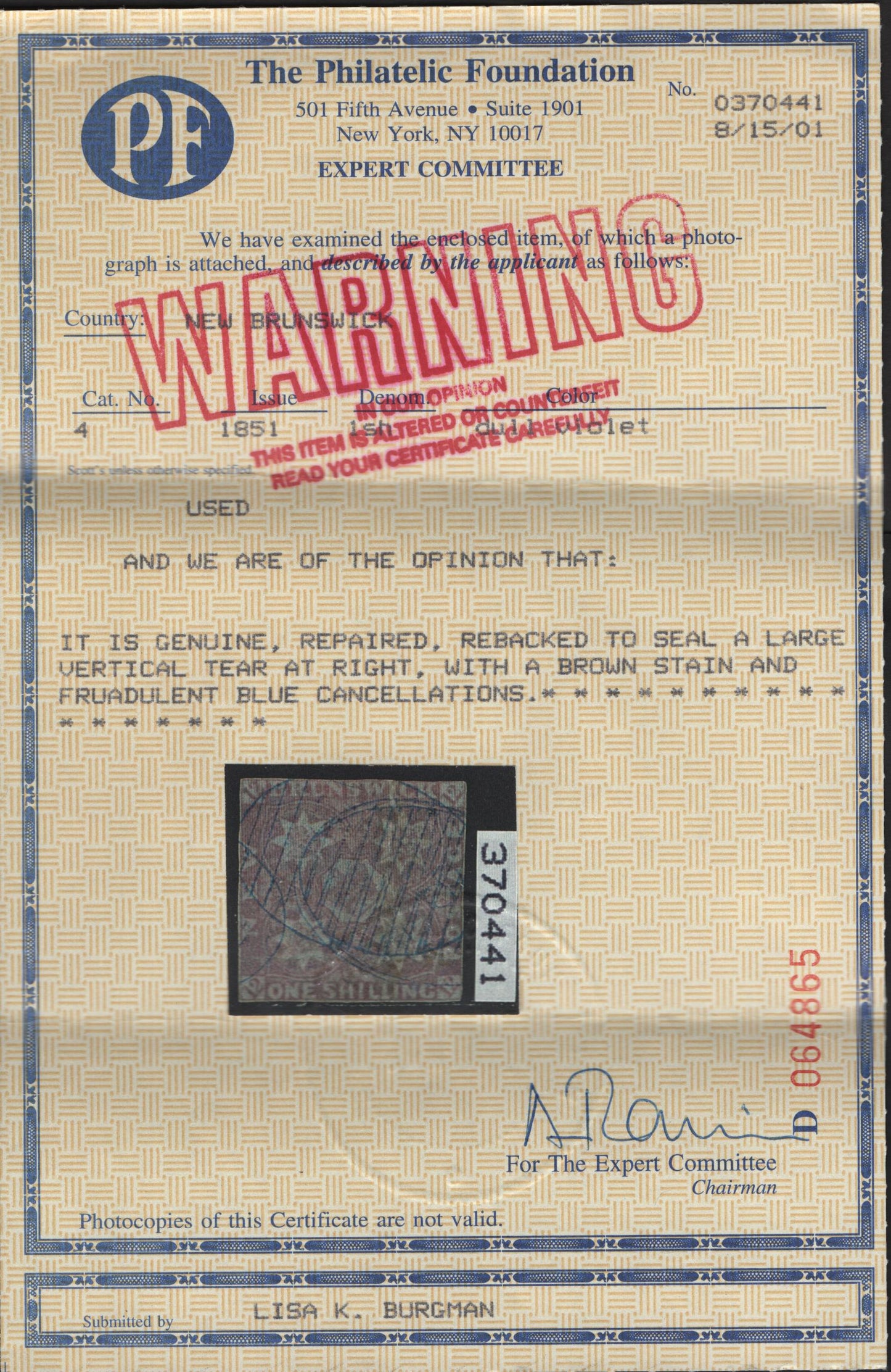 Lot 7 New Brunswick #4 1/- Dull Violet Flowers, 1851 Pence Issue, A Fair Used Single, More Than Acceptable Space Filler, With What I Consider to Be An Overly Harsh 2001 PF Certificate With What I Assume To Be 2 Incorrect Assertions