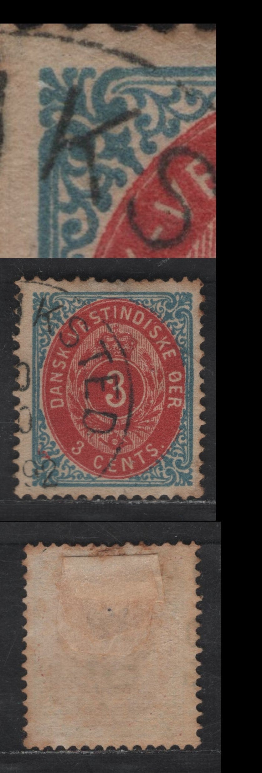 Lot 149 (C) Danish West Indies SC#6e 3c Blue & Carmine Numeral, 1874-1879 Numeral Issue, A Fine Used Single, Thick Paper, Inverted Frame, Some Toning.