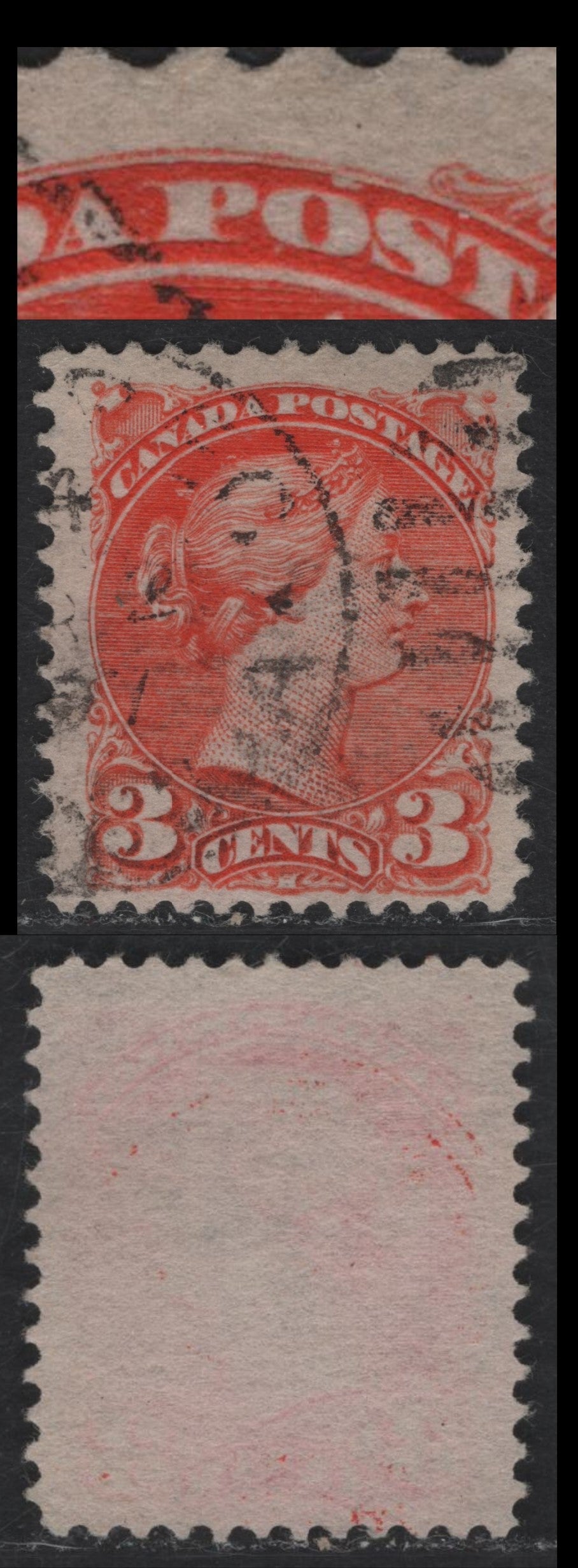 Lot 51 Canada #41 3c Deep Orange Vermillion Queen Victoria, 1870-1893 Small Queen Issue, A Fine Used Single, Late Second Ottawa Printing, Paper 2O-GG, Showing White Dot Above 'O' Of Postage, 1897 Cancel.