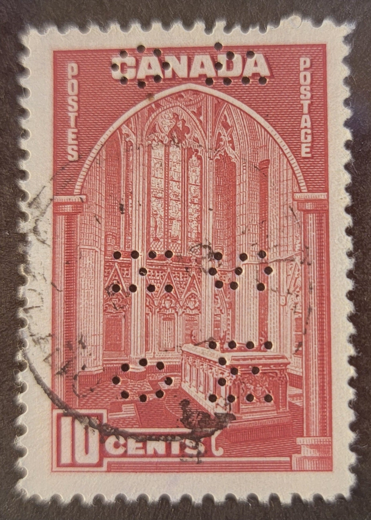 Lot 349 Canada #O9-241 10c Bright Carmine Memorial Chamber, 1938 Pictorial Issue, A Fine Used Single On Paper Type CBN-G. 4-Hole OHMS From Position 2. This Is The Only Example Of This Paper I Have Found