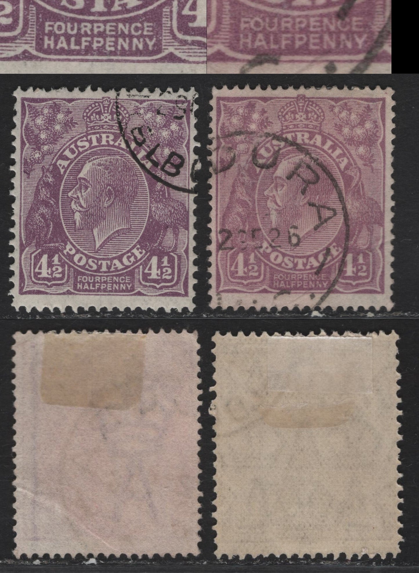 Lot 253 (C) Australia SG#120a 4.5d Violet King George V, 1930 Surcharged KGV Heads Issue, 2 VFOG Singles, Redrawn Die With Thicker FourPence Lettering & No Surcharge, CTO with Full Gum From Post Office Sets, As Noted In Gibbons