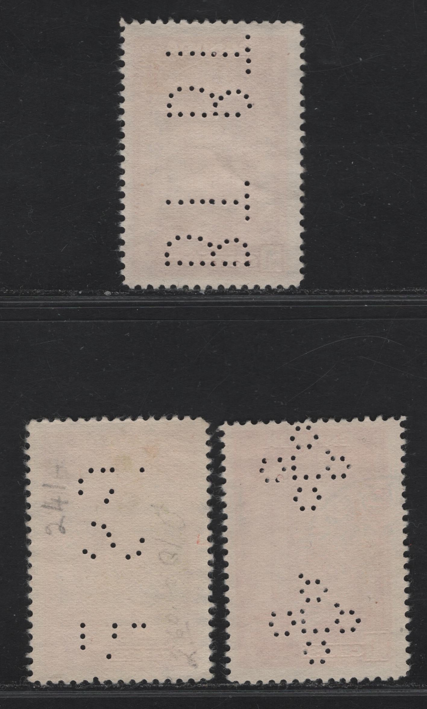 Lot 345 Canada #241 10c Carmine Memorial Chamber, 1938 Pictorial Issue, 3 Fine Used Singles On Paper Type CBN-B, With Perfins For Bell Telephone, Province Of Saskatchewan & Quebec Liquor Commission