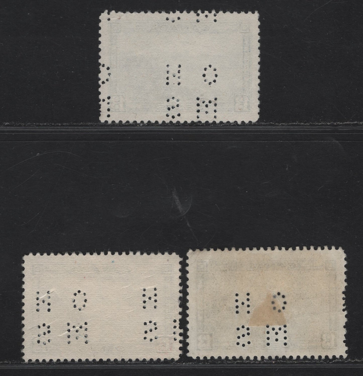 Lot 364 Canada #O9-242 13c Dark Blue - Deep Bright Blue Halifax Harbor, 1938 Pictorial Issue, 3 Fine/Very Fine Used Singles, 4-Hole OHMS Perfins From Pos. 1, CBN-N, CBN-L & CBN-P Papers, Perfs 12x11.9, 12.1x12 & 12x12.