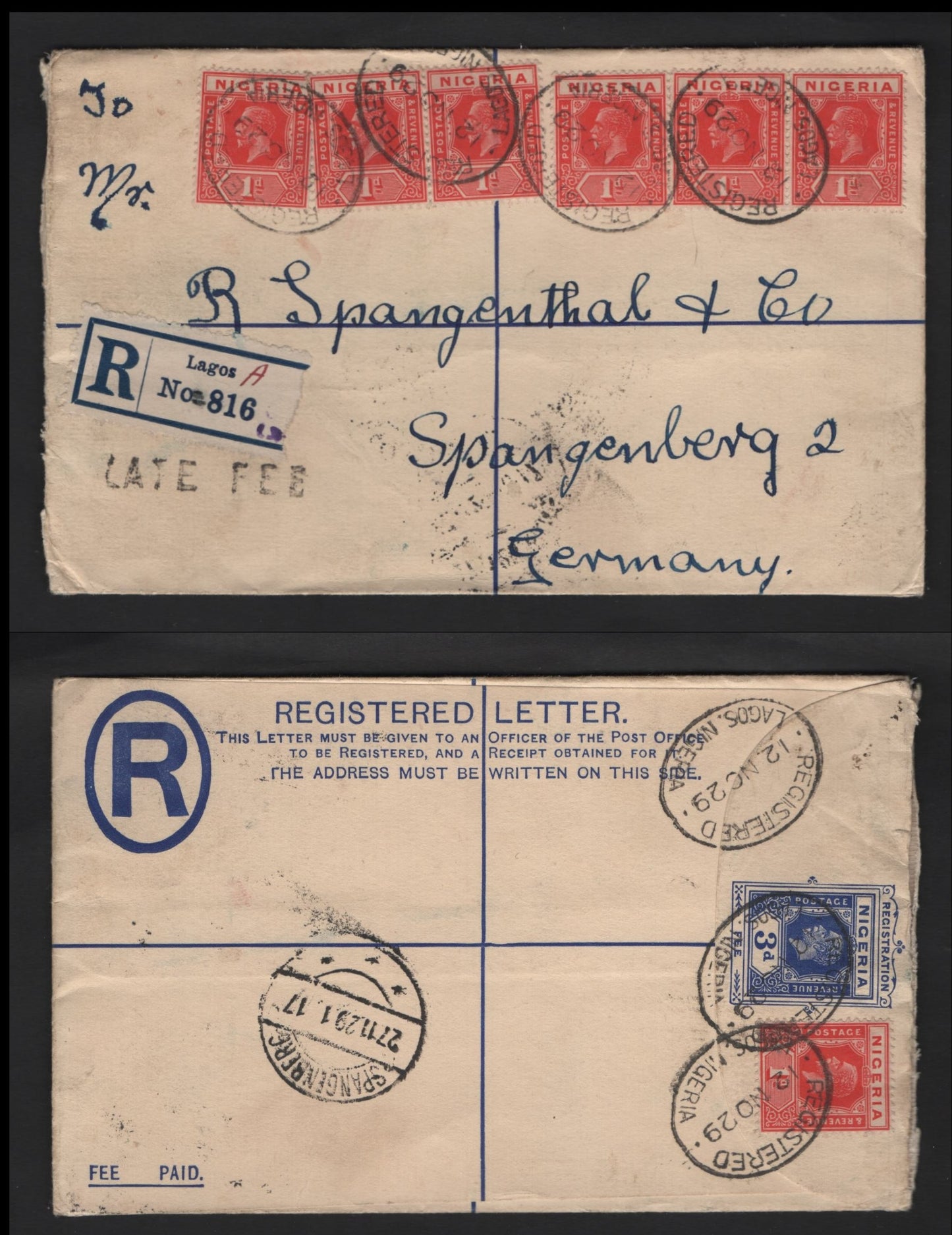 Lot 283 Nigeria #16b, 1d Deep Rose Red 1921-1932 King George V Imperium Keyplate Issue, Usage On Late-Fee Registered Cover To Germany
