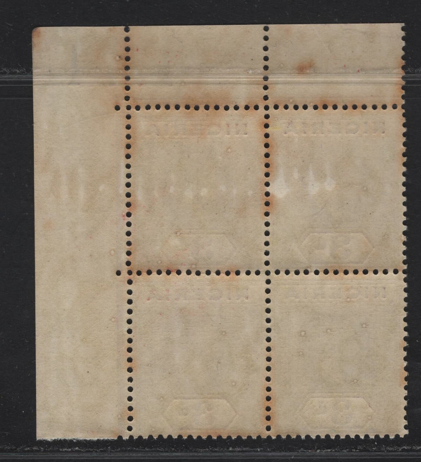 Lot 74 Nigeria #5 3d Chocolate & Dull Purple Brown On Deep Yellow Paper With White Back, 1914-1929 King George V Imperium Keyplate Issue, Wmk Multiple Crown CA, A FNH UR Sheet Margin Block Of 4 With Sheet Margin #1771 Handstamped On Selvedge