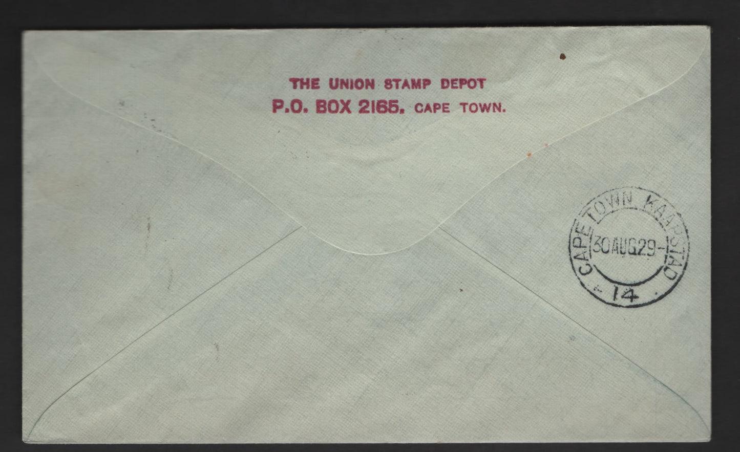 Lot 149 (C) South Africa SG#O7, 40-41 1/2d - 1/- Black & Green - Orange Springbok - Airplane, 1926-1929 Pictorial & Airmail Issues, A Very Fine Used Cover, Franked With 4 Singles, Philatelic First Flight Cover From Port Elizabeth To Capetown