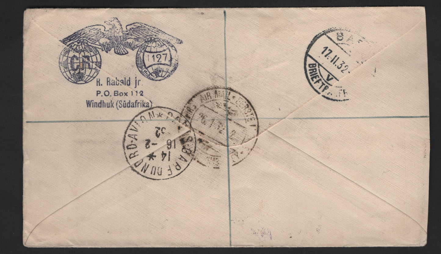 Lot 154 (C) South West Africa SG#O11, 72, 76 4d - 2d Green - Gray & Maroon 1927-1930 Pictorial - Airmail Issues, A Very Fine Used Cover, Franked With Pairs & Blocks Of 4, January 1932 Commercial Airmail Cover To Switzerland From Windboek