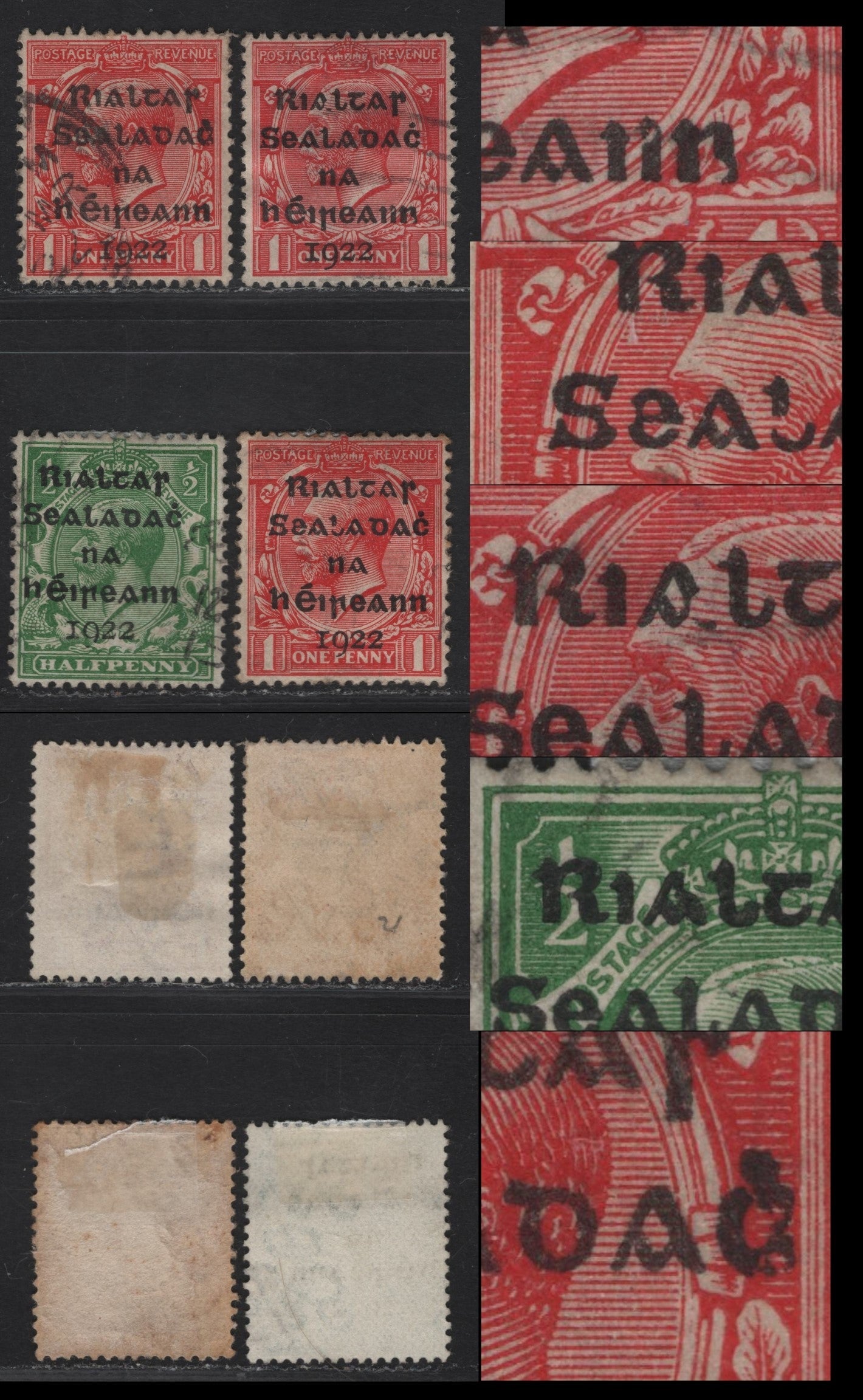 Lot 9 Ireland SG#1var, 2var, 3var 1/2d - 1d Green - Carmine Red King George V, 1922 KGV Dollard Overprinted Issue, 4 Very Fine Used Singles, Unlisted Broken/Deformed Letters In The Overprints, Not Listed In Hibernian