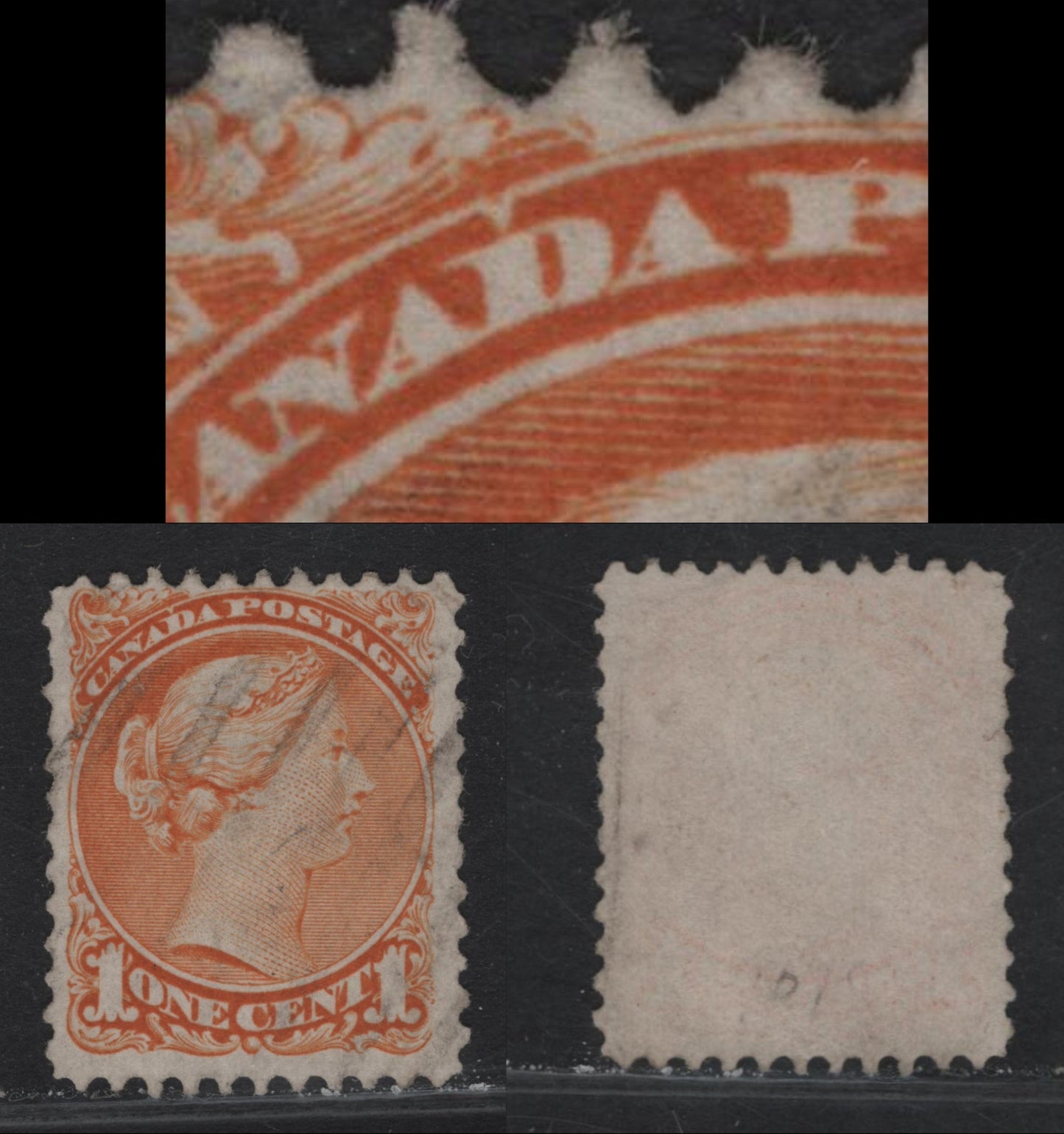 Lot 297 (C) Canada #35d 1c Orange Queen Victoria, 1870-1893 Small Queen Issue, A Fine Used Single, Mid Montreal Printing, Paper MM-F, Perf 11.75x12, Large White Dot Above D of Canada.