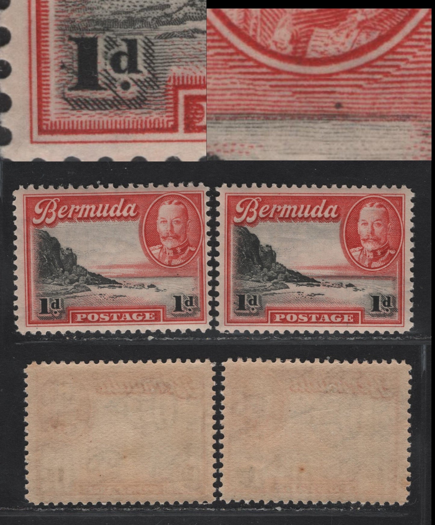 Lot 74 Bermuda SG#99 1d Black & Scarlet South Shore, 1936-1947 KGV Pictorial Issue, 2 VFNH Singles, Unlisted 'Extra Rock On Beach' & Bird in the Horizon