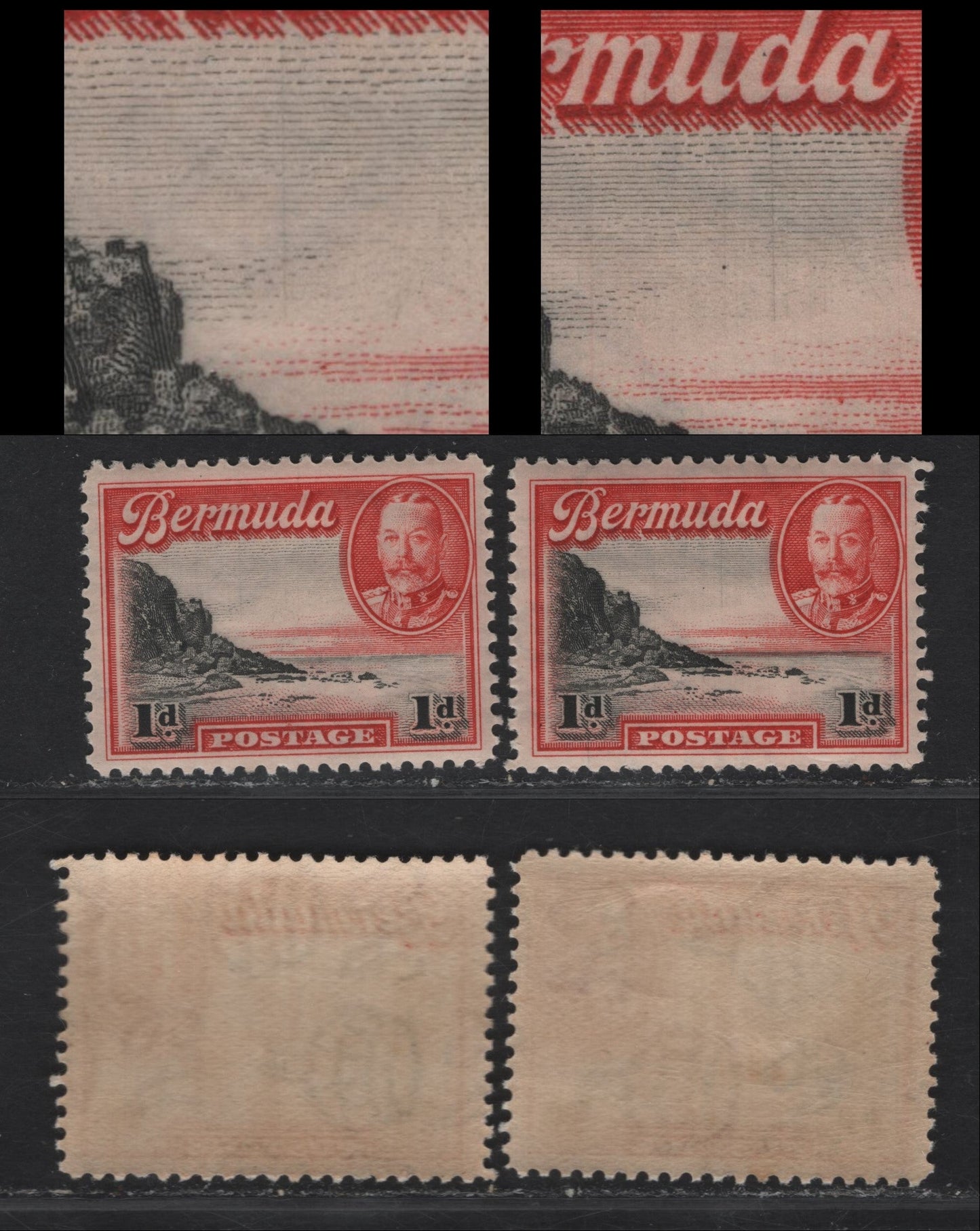 Bermuda SG#99var 1d Black & Scarlet South Shore, 1936-1947 KGV Pictorial Issue, 2 VFNH Singles, Black Vertical Hairline Under the 'M' and 'D' of Bermuda