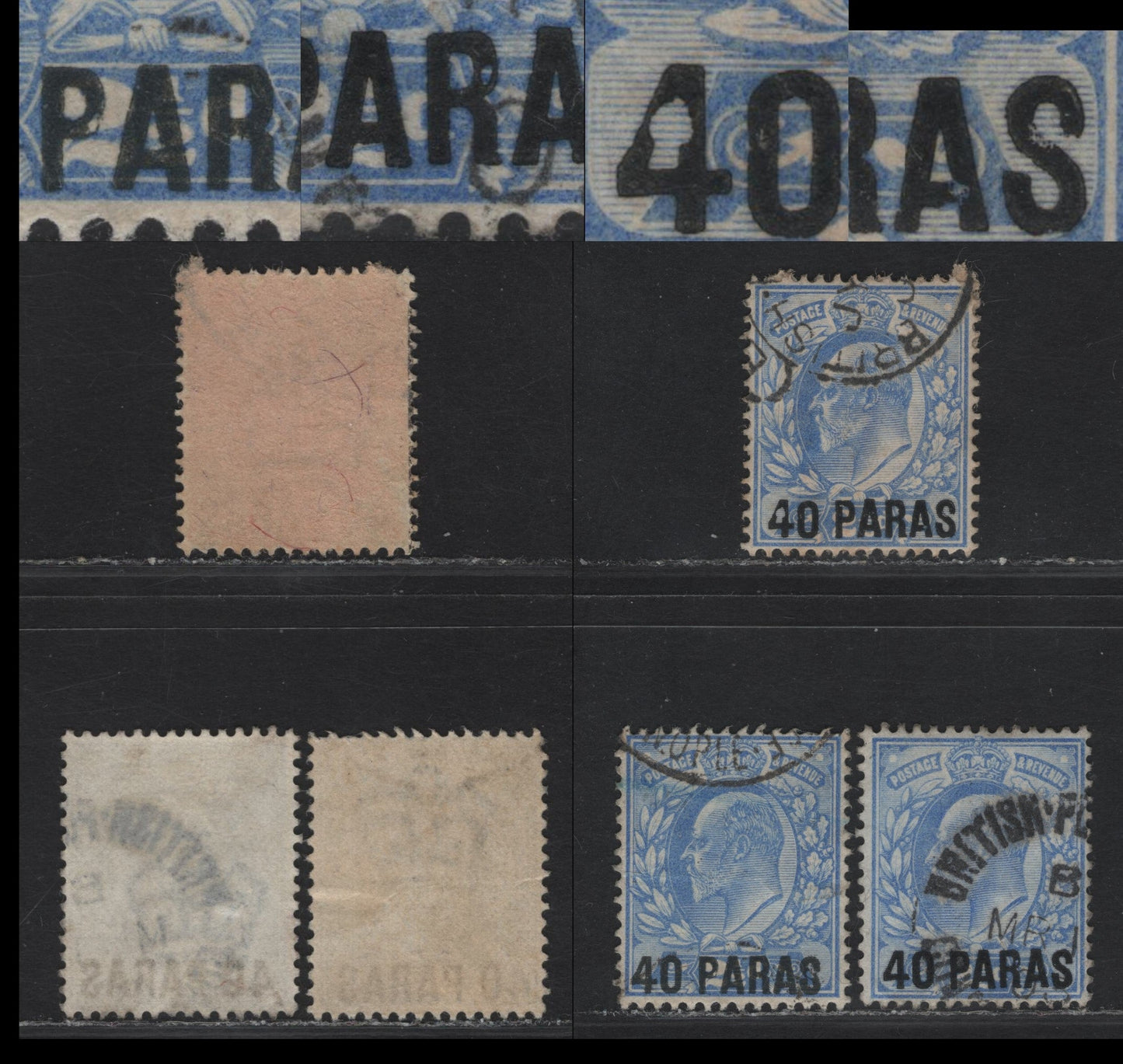 British Levant SG#8a 40pa on 2.5d Pale Ultramarine King Edward VII, 1902-1905 King Edward VII Issue, 3 Very Fine Used Singles, Damaged Overprints, Damaged P & E, Damaged R & Damaged 4, P & A, Small Internal Wrinkle On First Stamp.