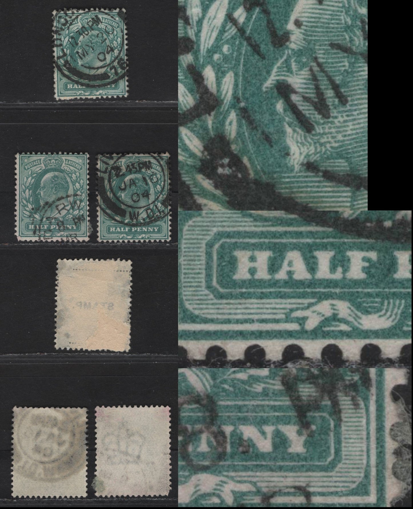 Great Britain SC#127-127a (SG#216) 1/2d Blue Green - Dull Blue Green King Edward VII, 1902-1910 King Edward VII Issue, 2 Fine/Very Fine Used Singles, Minor Frame Breaks In Value Tablet, Inner Frameline & Inner Medallion Oval
