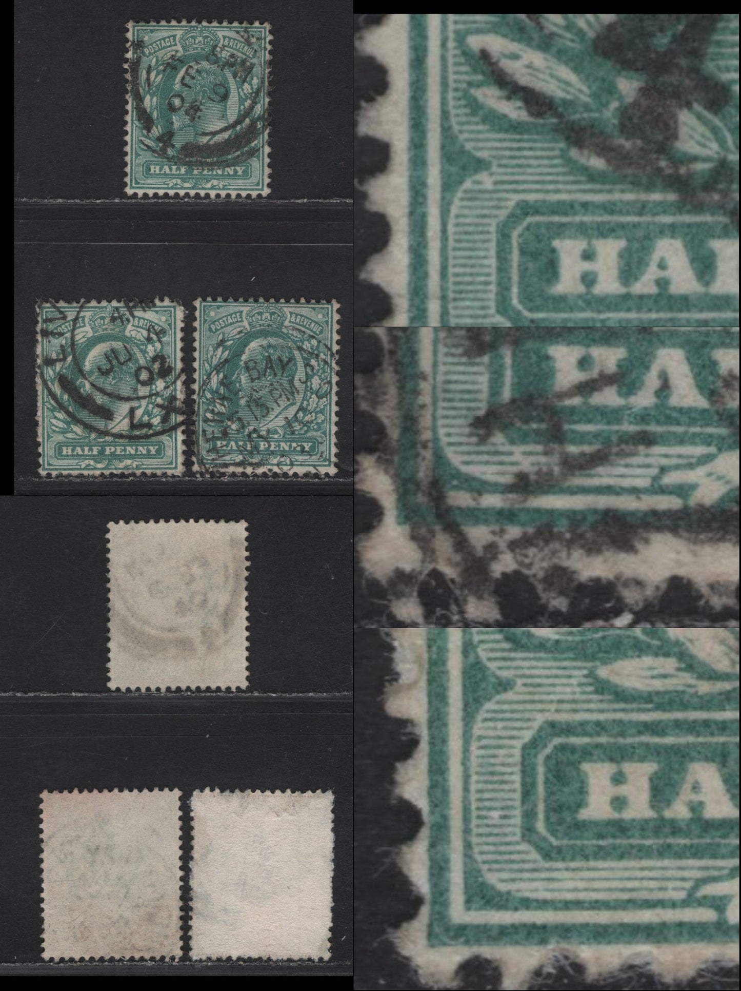 Great Britain SC#127-127a (SG#216var) 1/2d Blue Green - Dull Blue Green King Edward VII, 1902-1910 King Edward VII Issue, 3 Fine/Very Fine Used Singles, Showing Minor Horizontal Shading Breaks.