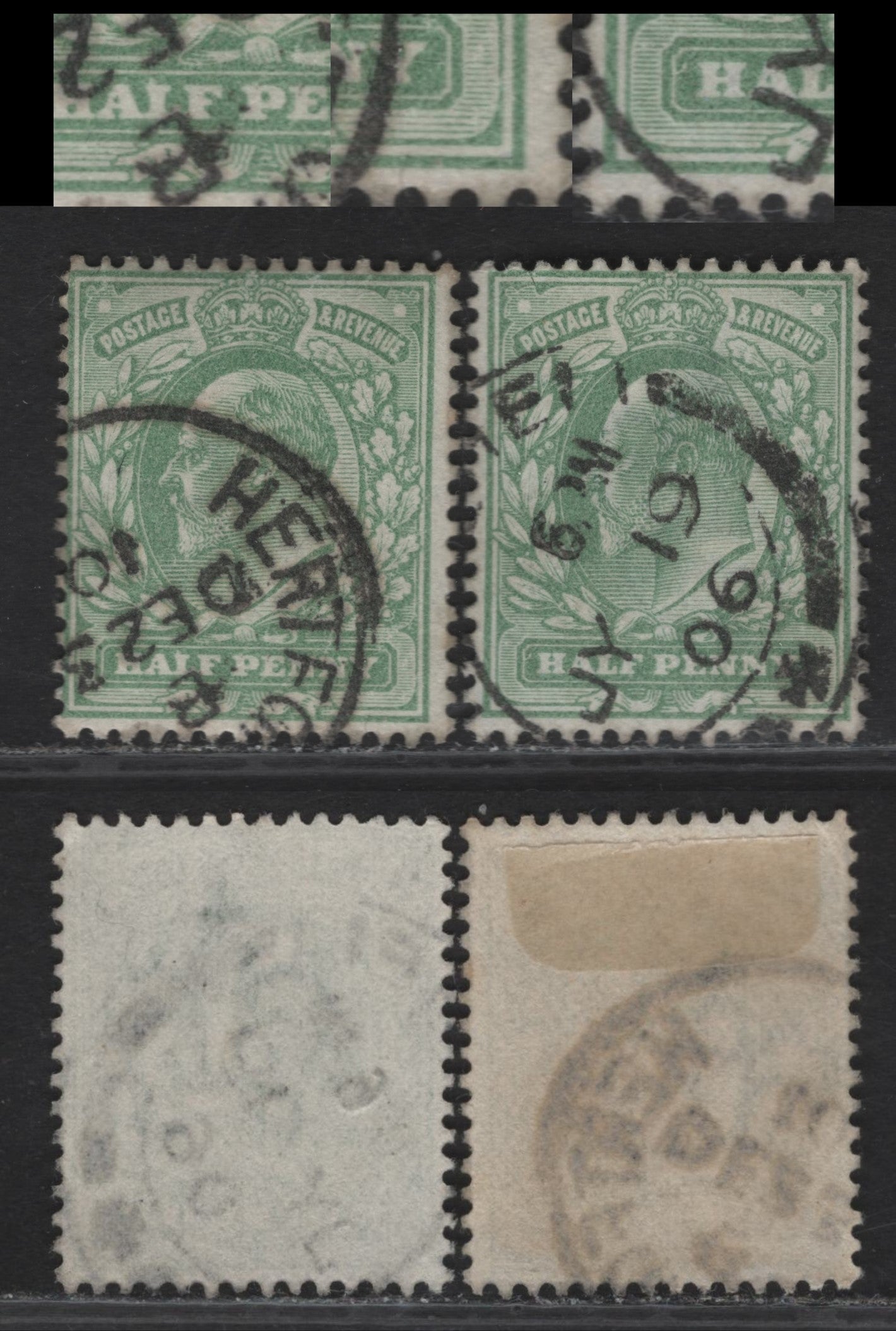 Great Britain SC#143var (SG#217var) 1/2d Pale Yellowish Green King Edward VII, 1902-1910 King Edward VII Issue, 2 Fine Used Singles, Showing Deformed Inner Frameline At LR, Spur On 'L' on Half & Small White Arc To left of H of Half