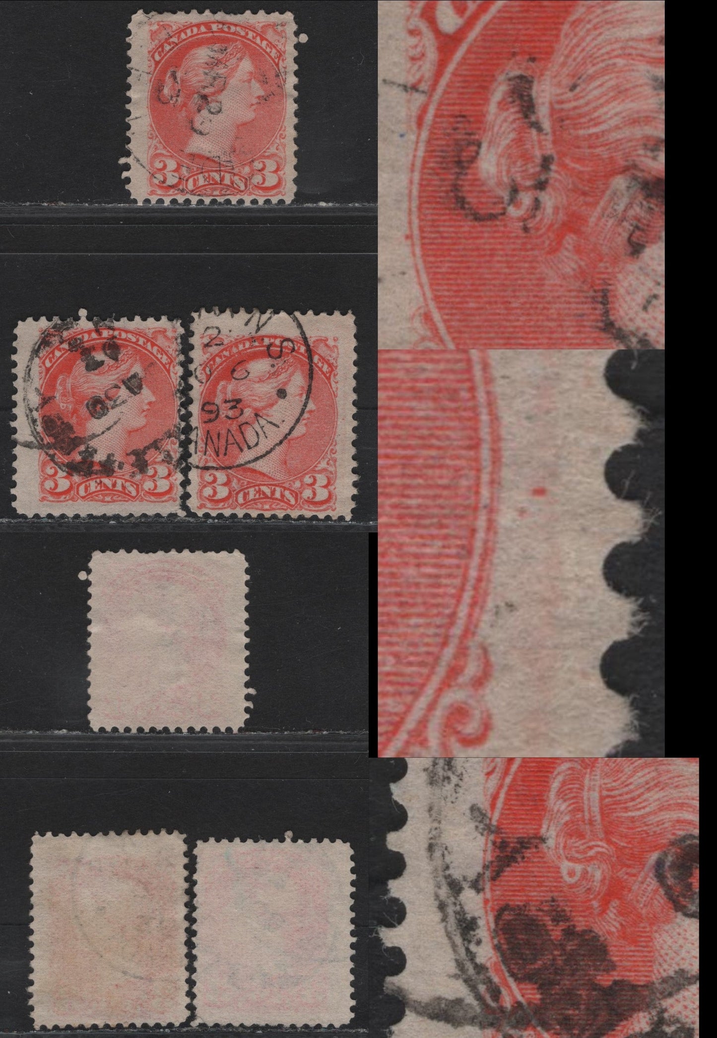 Lot 19 Canada #41 3c Bright Orange Vermillion, 1888-1897 Small Queen Issue, 3 Fine Used Singles, Early Second Ottawa Printing, Paper 2O-II, Different Medallion Dots At 3 & 9 O'Clock, All Cancelled With 1893 Dates, Perfs 12.1x12.2, 12 & 11.9x12.1.