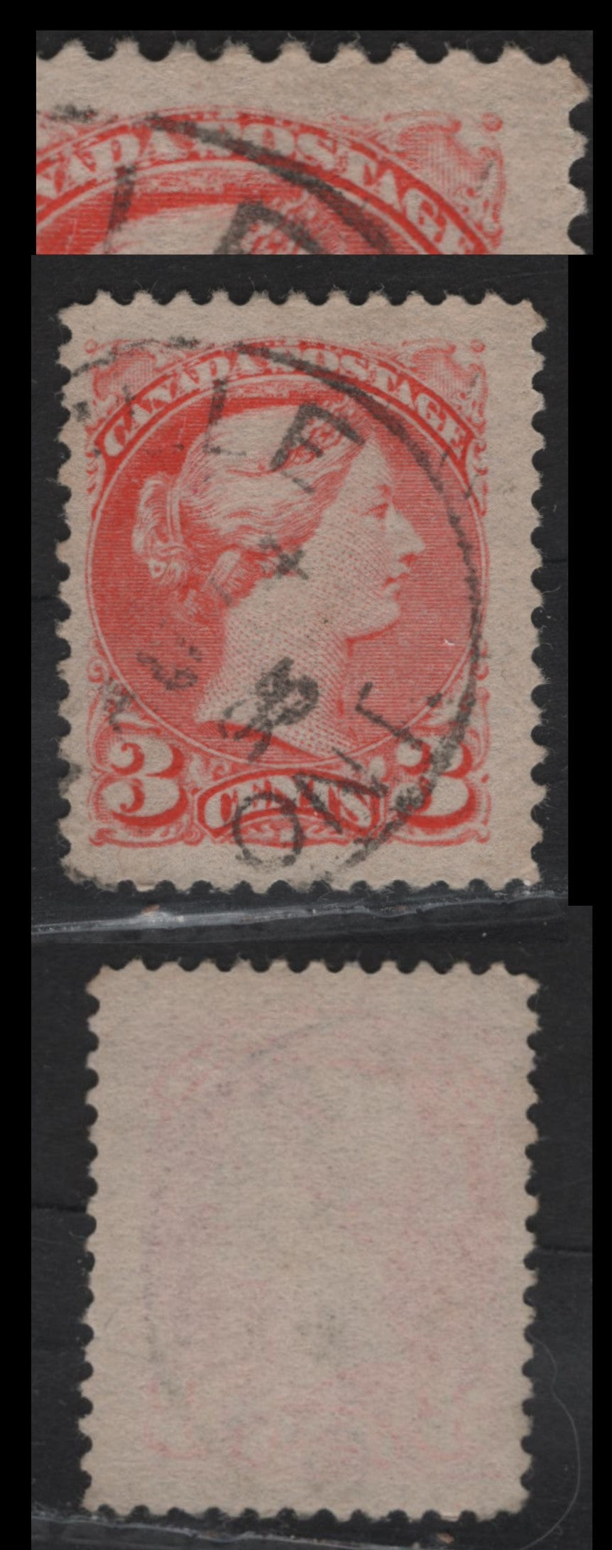 Lot 20 Canada #41 3c Orange Vernillion Queen Victoria, 1888-1897 Small Queen Issue, A Fine Used Single, Early Second Ottawa Printing, Paper 2O-E, Perf 12, Showing Extensive Dry Inking At Top of Design, August 14 1893 Cancel.