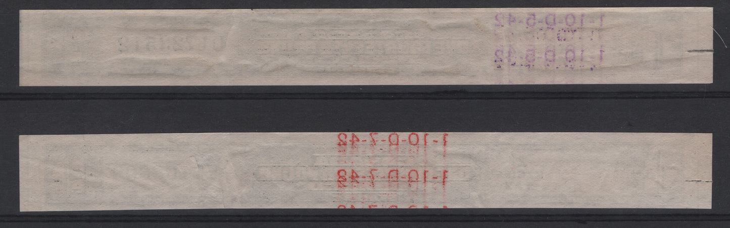 Lot 21 Canada #1/14 1b Green Numeral & Meter, Tobacco Revenue With 2c Excise Tax Overprint, 2 Very Fine Used Singles, Usual Usage Creases & Manybe Small Tears At The Edges, Unlisted In Van Dam.