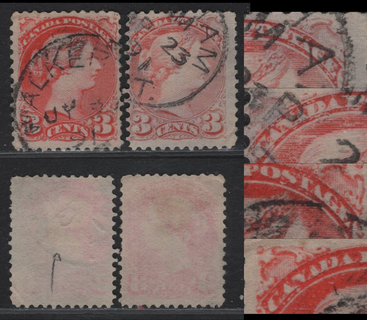 Lot 9 Canada #41 3c Deep Orange Vermillion & Very Pale Vermillion Queen Victoria, 1888-1897 Small Queen Issue, 2 Very Good/Fine Used Singles, Both Showing Extensive Dry Inking In & Near Canada, Papers 2O-E & 2O-KK, 1891 Dated Cancels.