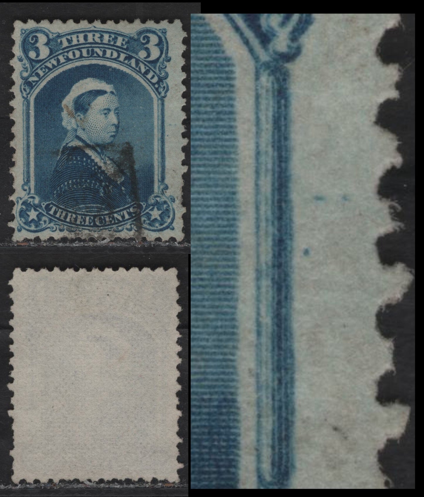 Lot 17 (C) Newfoundland #34 3c Blue Queen Victoria, 1868-1894 2nd Cents Issue, A Fine Used Single, Showing Three Guide Dots From Position 80, Paper Cents-CC, Perf 12.