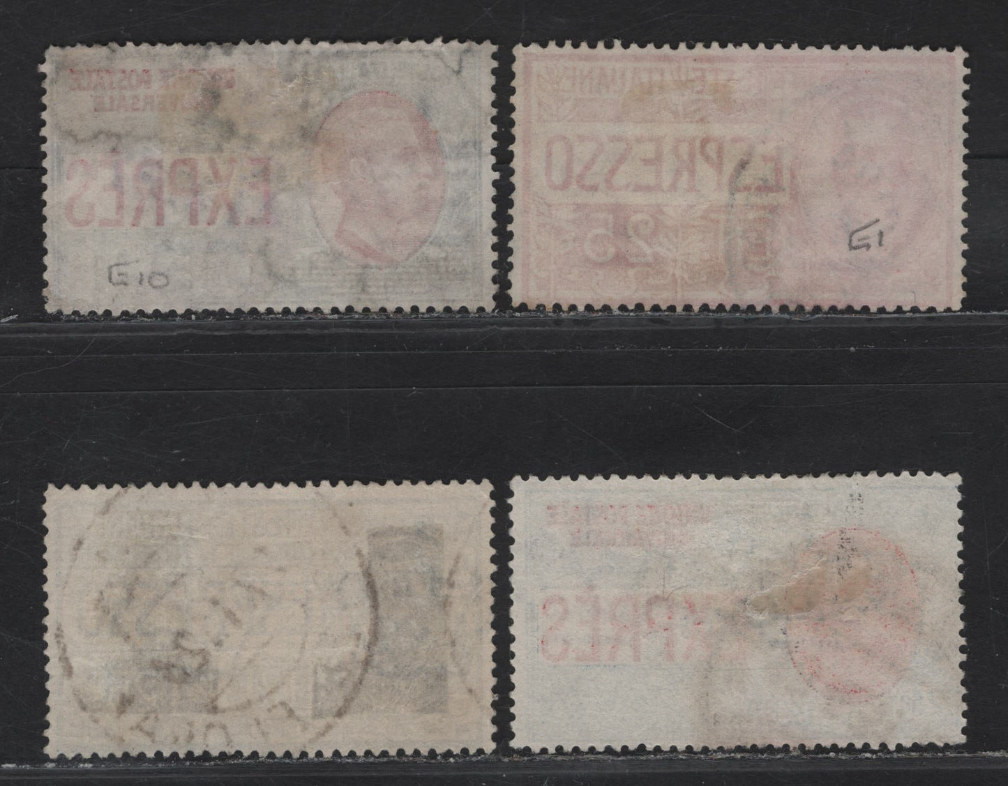 Lot 137 Somalia SC#E1, E5, E8, E10 25c - 1.2l on 30c Rose Red - Blue & Red Victor Emmanuel III, 1903-1921 Special Delivery Issue, 4 Fine Used Singles