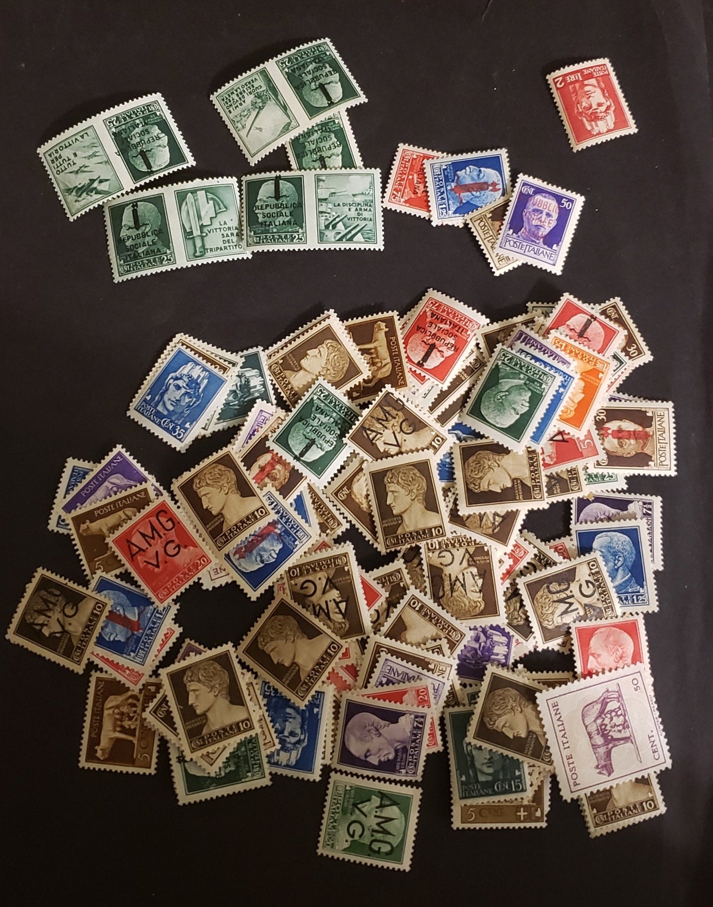 Lot 274 Italy SC#213/227 5c-5L 1929-1945 Photogravure Definitive Issue, 80-100 Fine-VF OG & NH Singles In a Small Glassine Envelope, Unchecked For Wmks, Plate Flaws & Shades, Ideal For Study, Also Includes Italian Social Republic & AMG Overprints