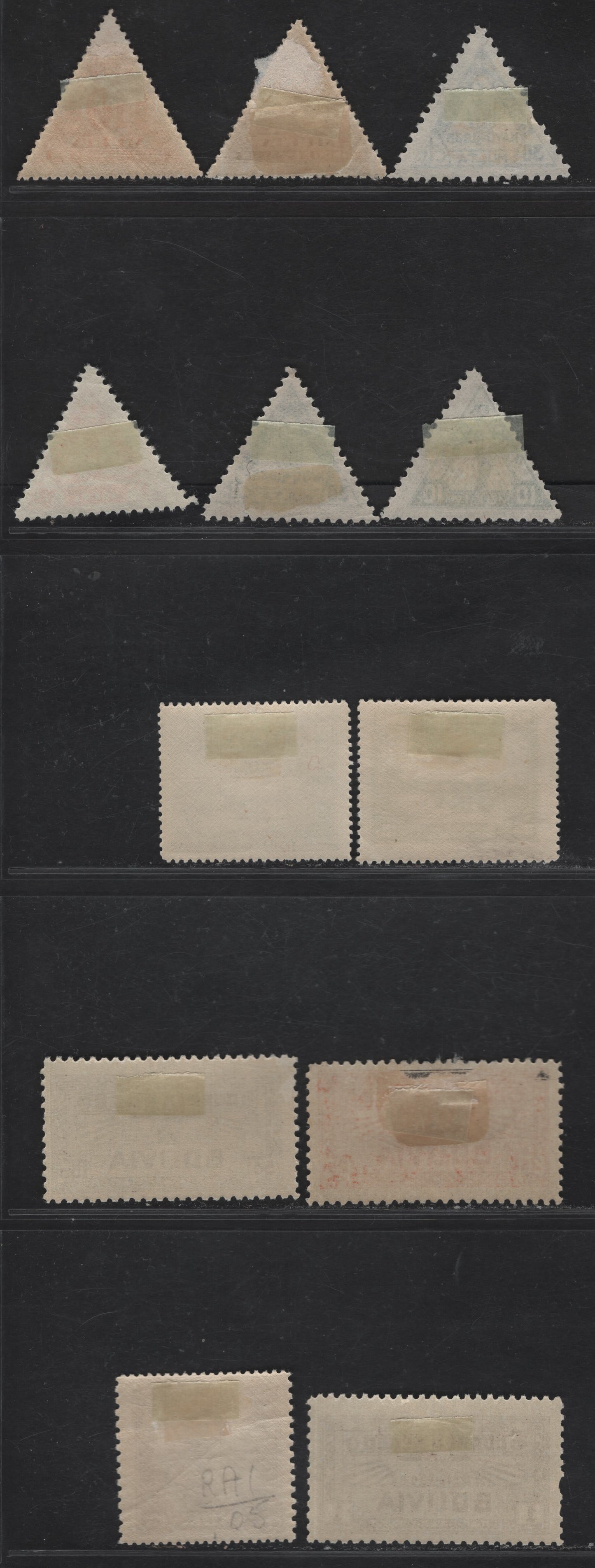 Lot 389 Bolivia SC#C30-C31, C38, C40-C41, RA1, J1-J2, J7-J9 35c-5c Yellow Green-Dull Violet Aircraft Ov er Cart - Worker, 1930-1939 Airmail-Postal Tax Issue, 12 Fine & VFOG Singles Two Shades Of J9, J1 With Significant Crease, Not Counted